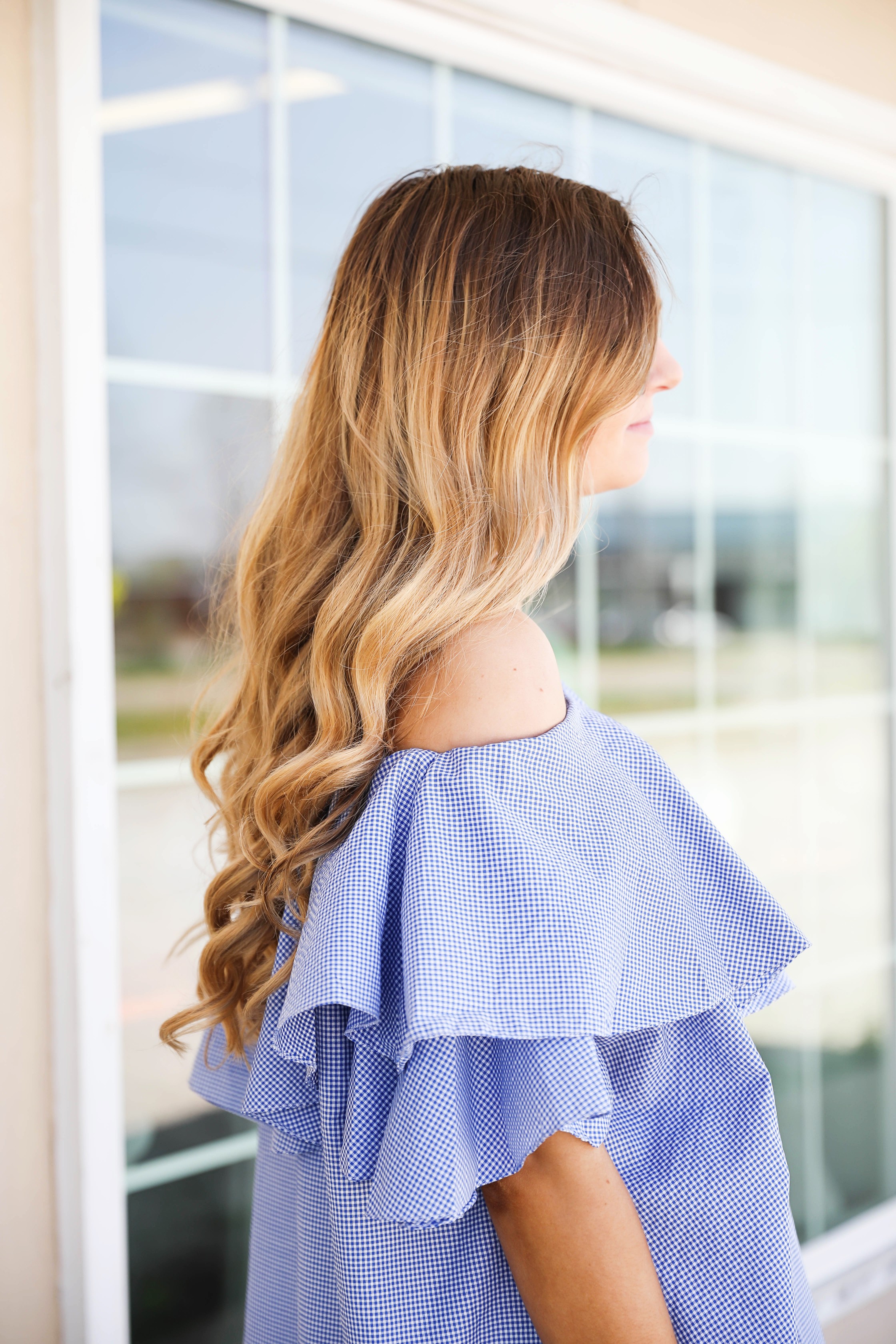 Off the shoulder gingham ruffle dress perfect for spring outfit ideas or summer dresses. by Lauren Lindmark on dailydoseofcharm.com daily dose of charm