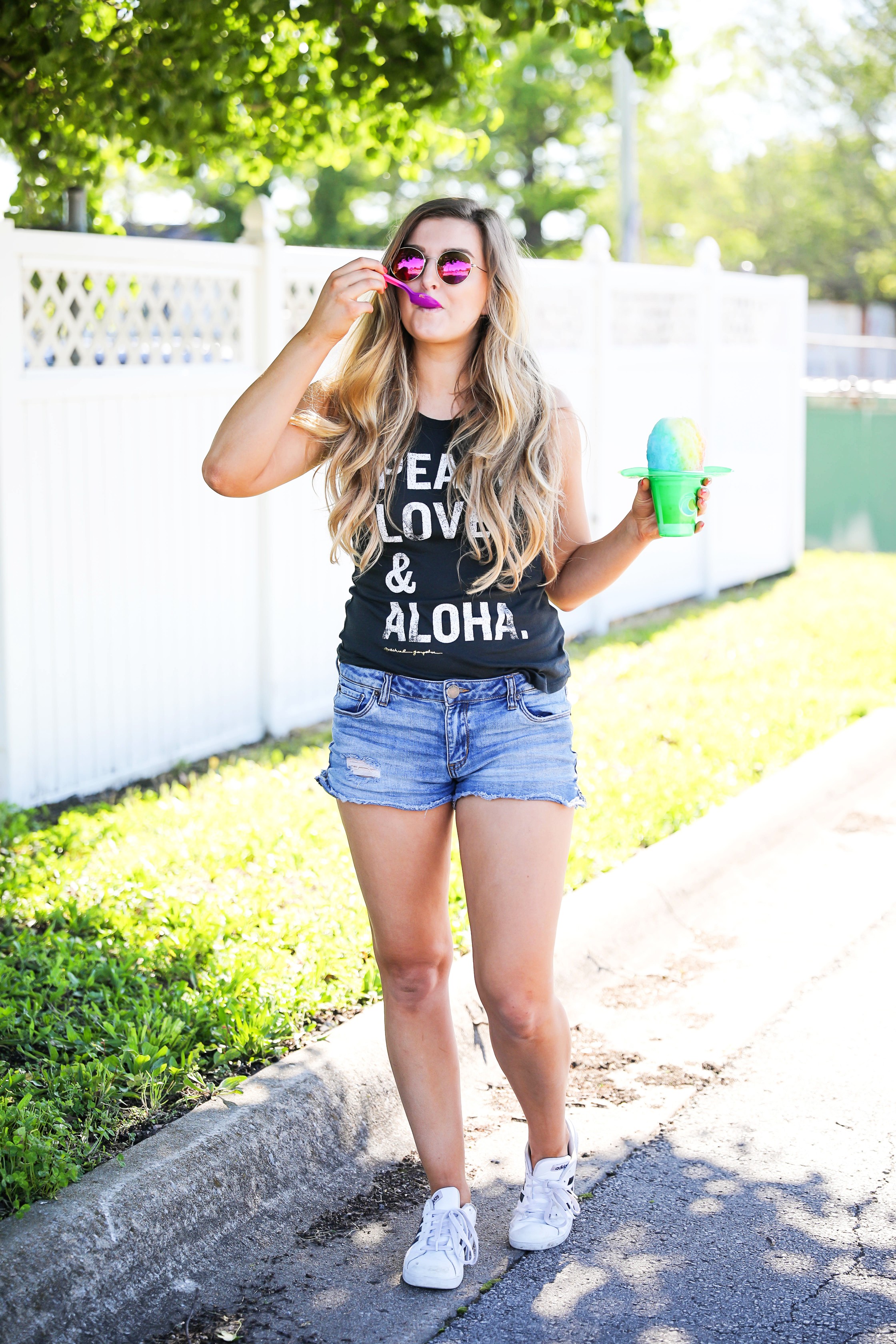 Aloha Summer Spiritual Gangster Top with snow cone by fashion blogger Lauren Lindmark on fashion blog daily dose of charm dailydoseofcharm.com