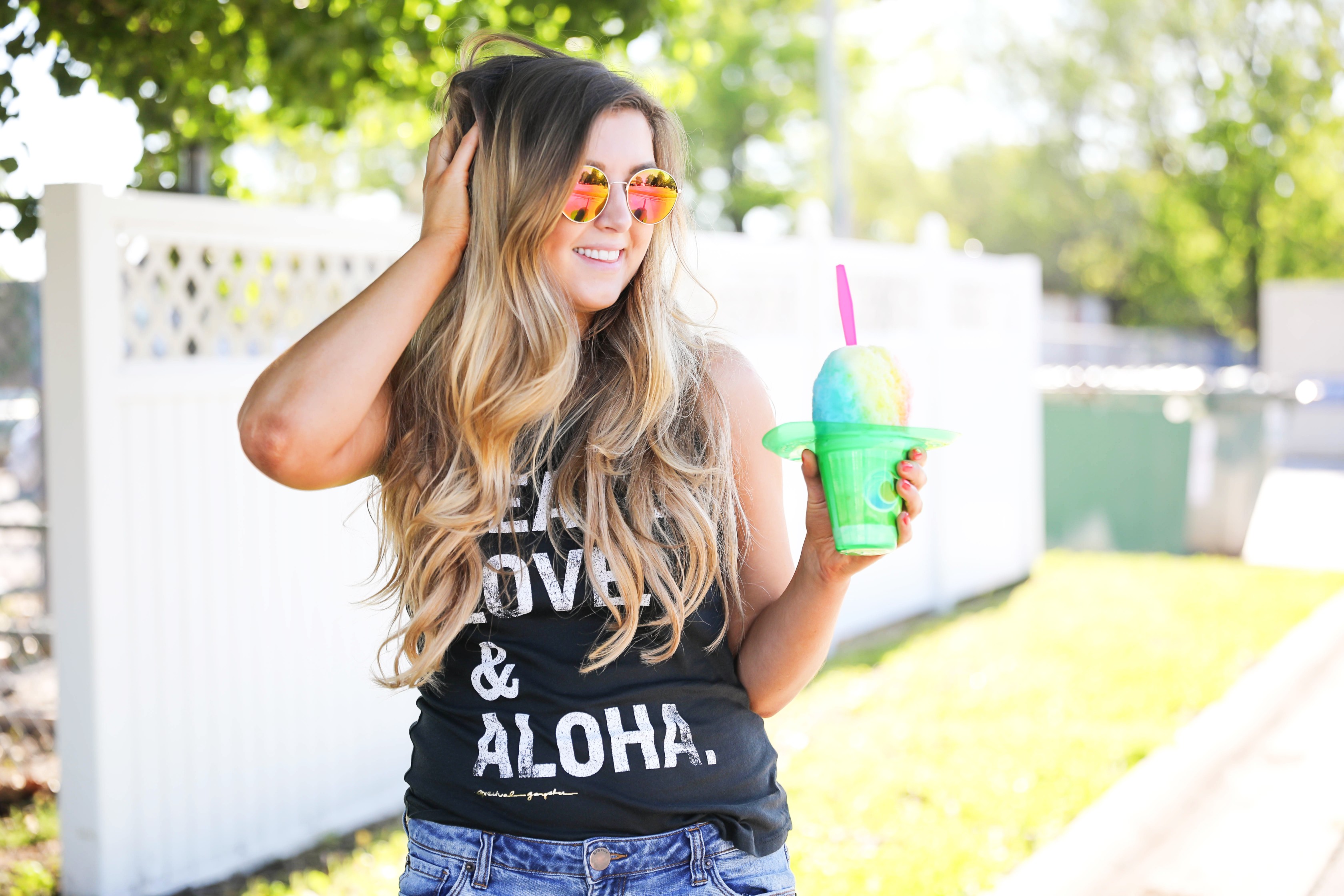 Aloha Summer Spiritual Gangster Top with snow cone by fashion blogger Lauren Lindmark on fashion blog daily dose of charm dailydoseofcharm.com