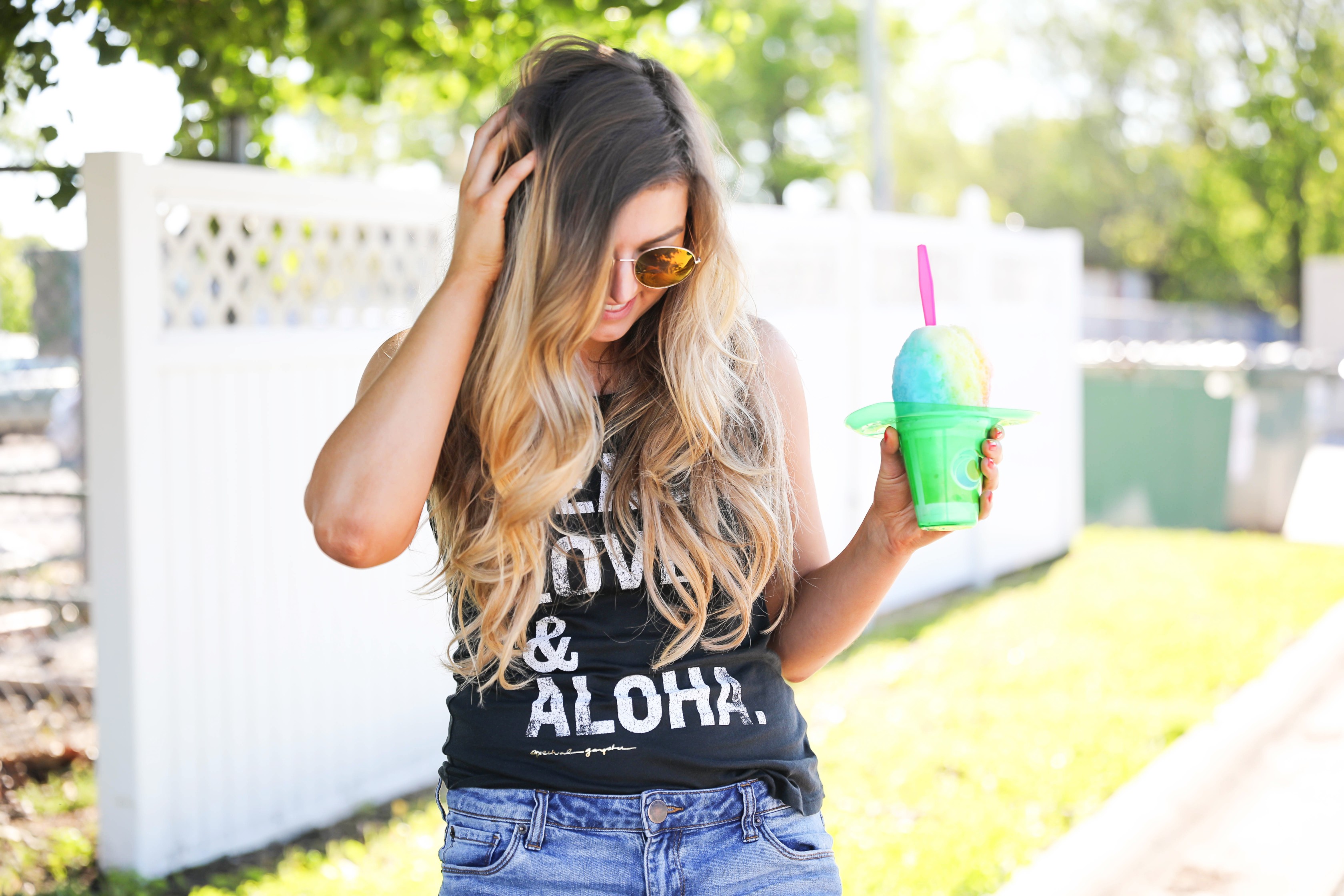 Aloha Summer Spiritual Gangster Top with snow cone by fashion blogger Lauren Lindmark on fashion blog daily dose of charm dailydoseofcharm.com