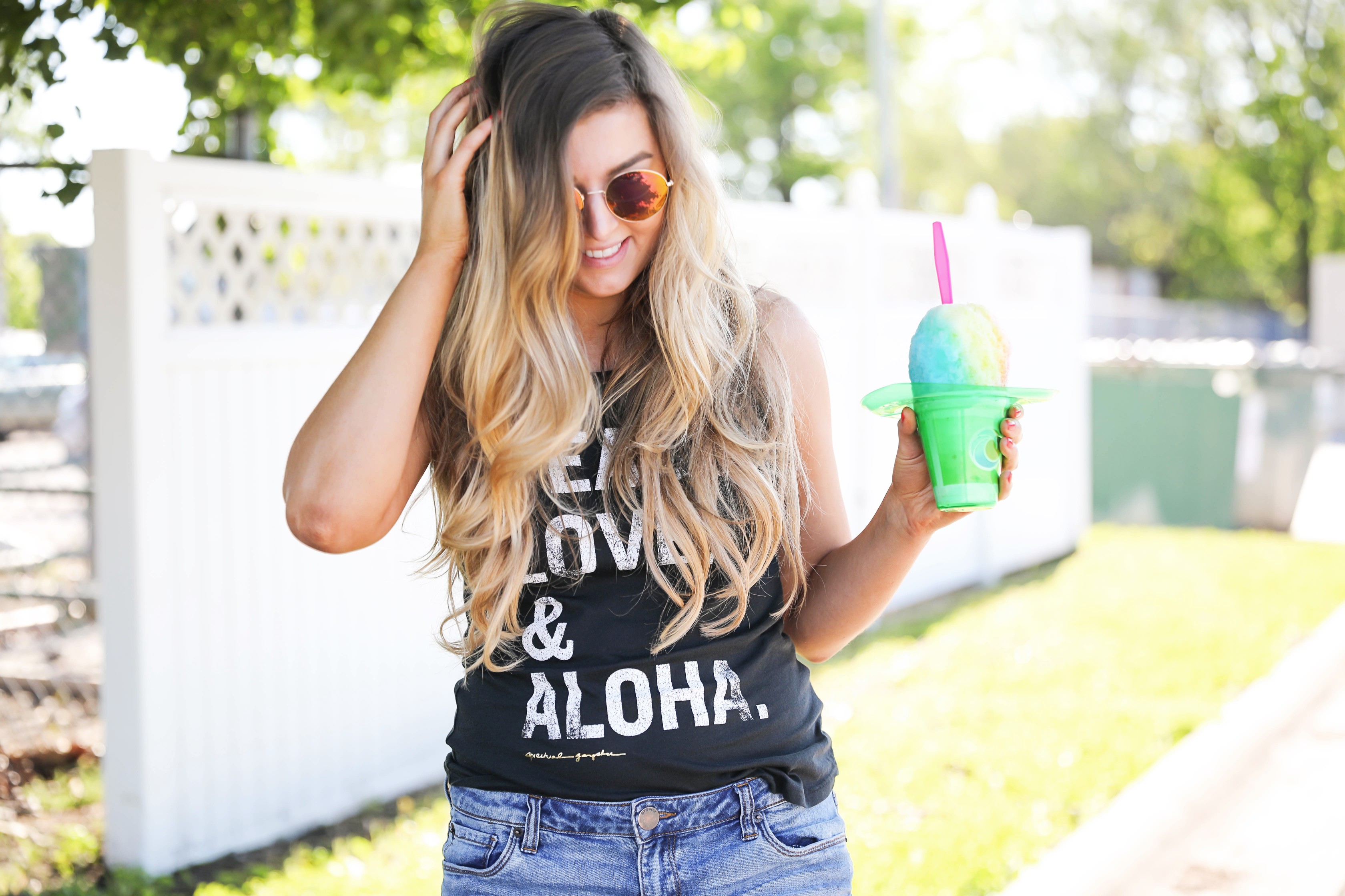 Aloha Summer Spiritual Gangster Top with snow cone by fashion blogger Lauren Lindmark on fashion blog daily dose of charm dailydoseofcharm.com