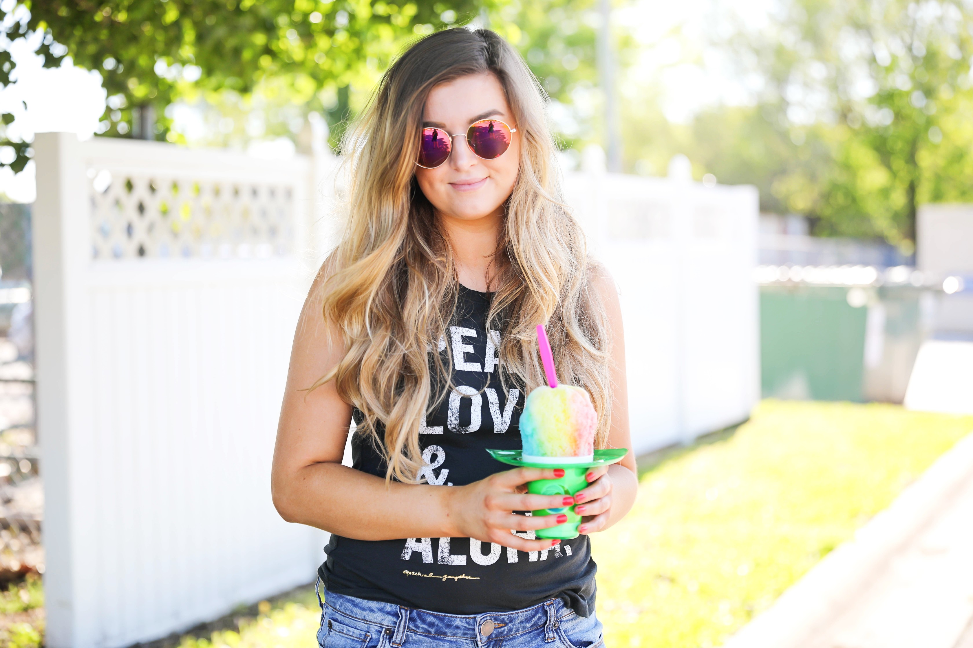 Aloha Summer Spiritual Gangster Top with snow cone by fashion blogger Lauren Lindmark on fashion blog daily dose of charm dailydoseofcharm.com