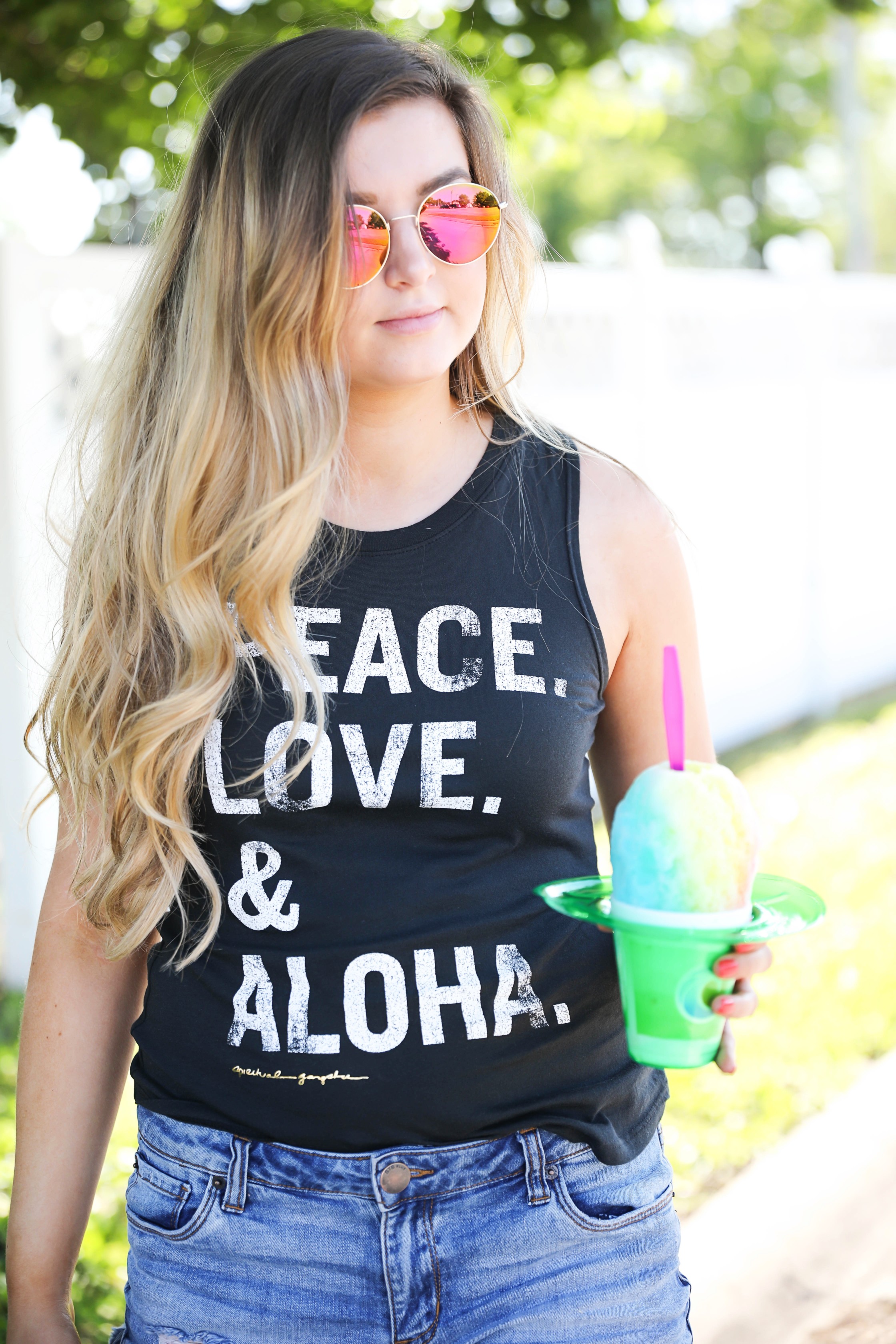 Aloha Summer Spiritual Gangster Top with snow cone by fashion blogger Lauren Lindmark on fashion blog daily dose of charm dailydoseofcharm.com