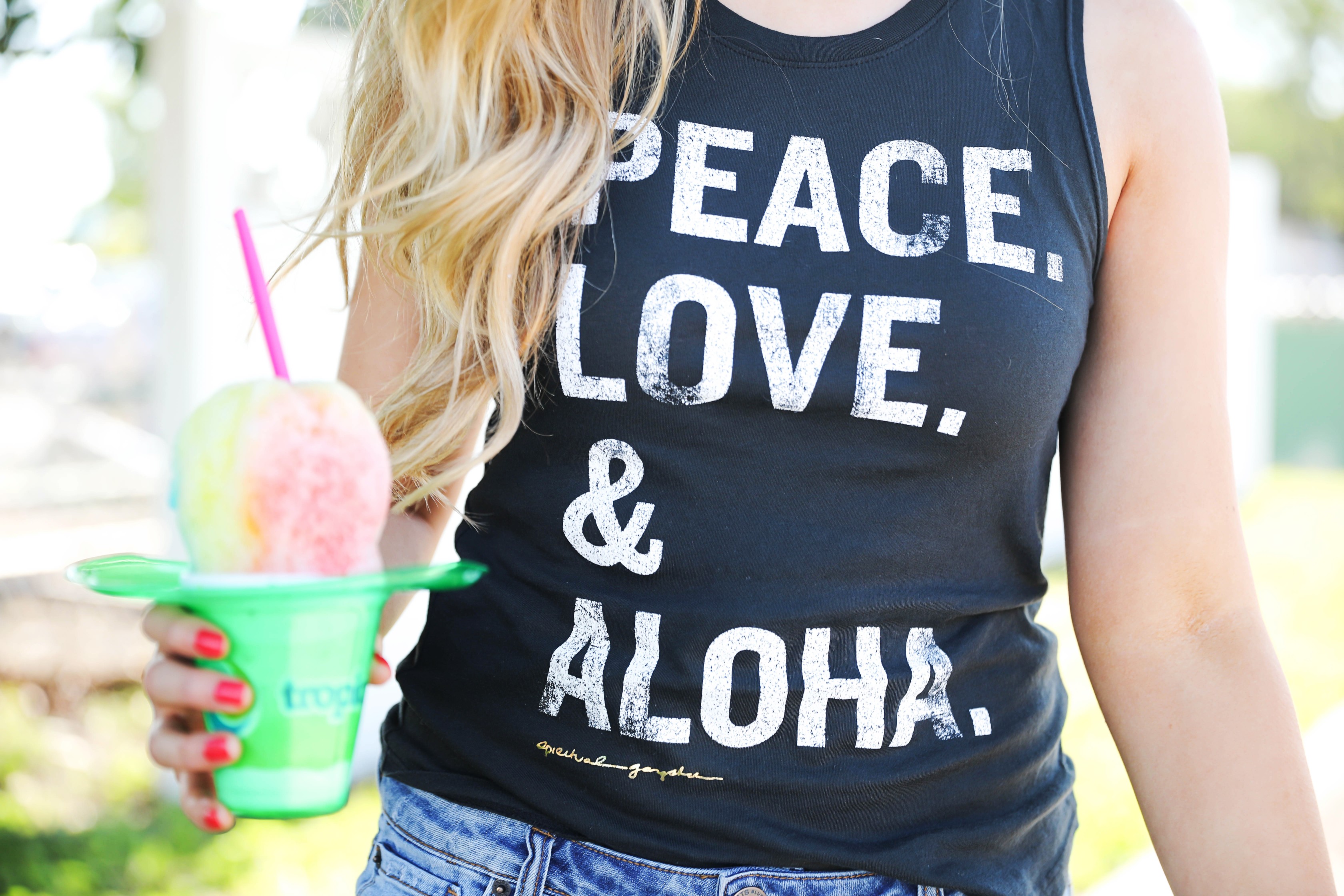 Aloha Summer Spiritual Gangster Top with snow cone by fashion blogger Lauren Lindmark on fashion blog daily dose of charm dailydoseofcharm.com