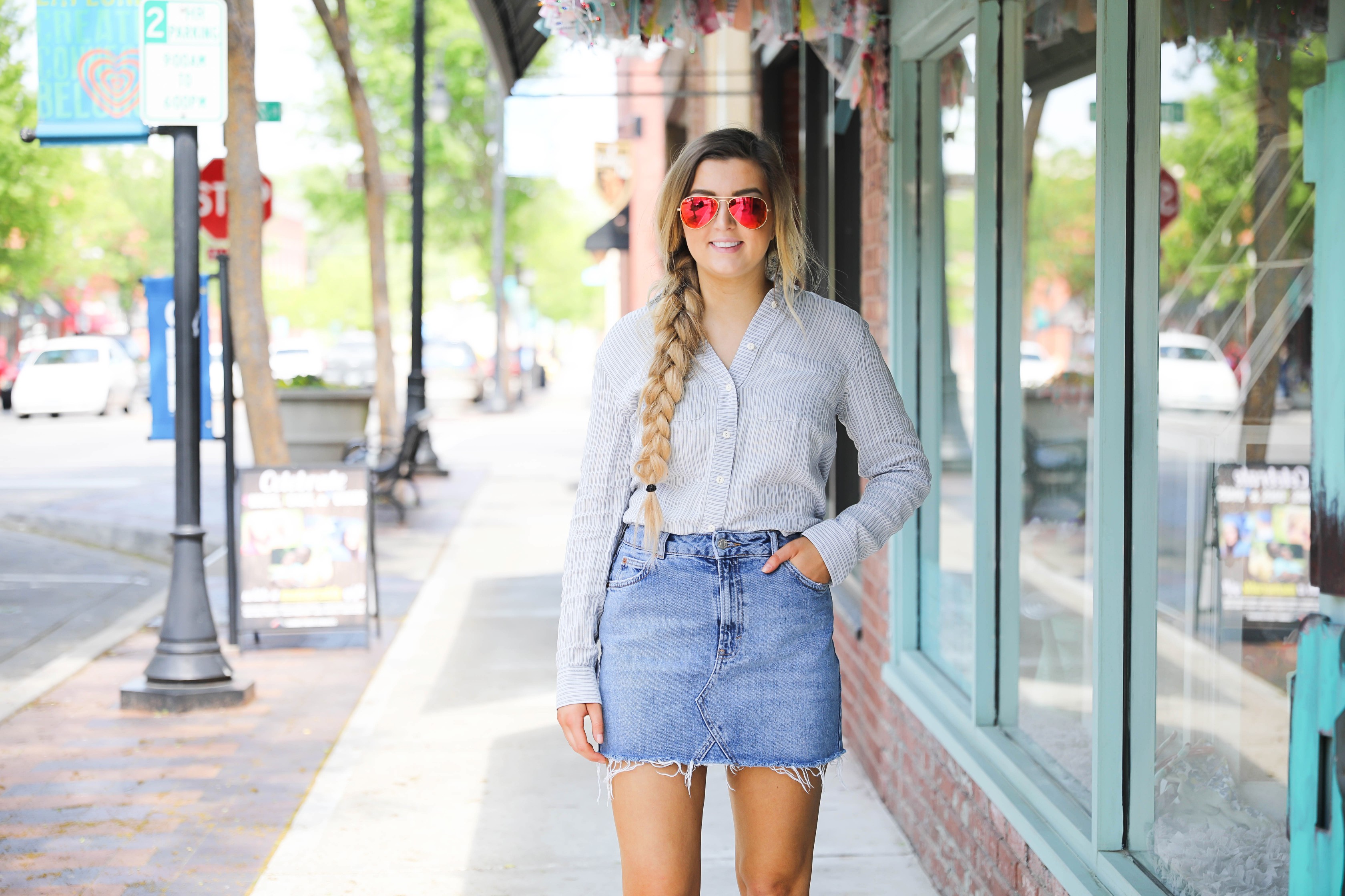 Jean skirt with oxford and ray ban sunglasses on fashion blog daily dose of charm by Lauren Lindmark dailydoseofcharm.com