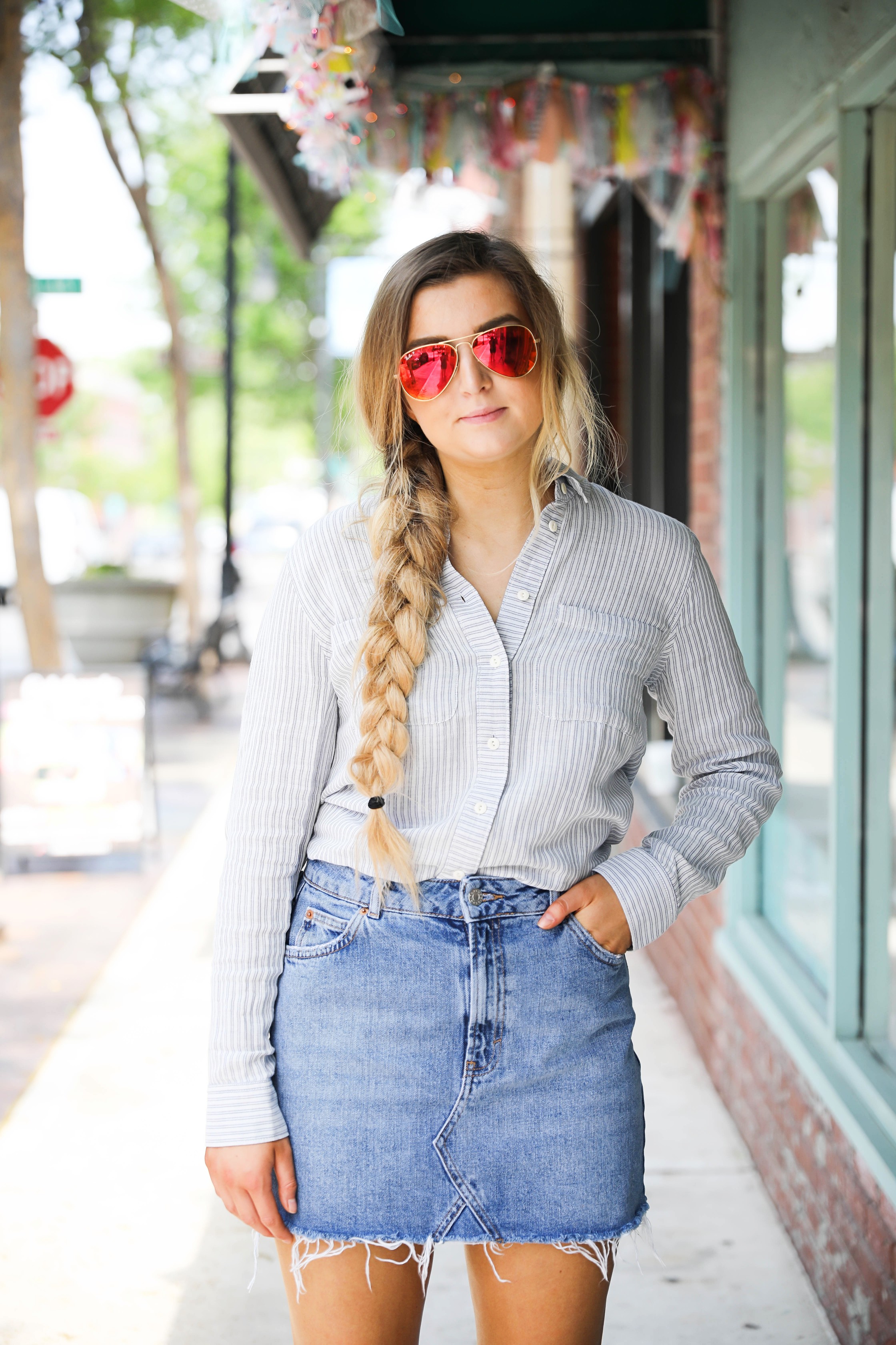 Jean skirt with oxford and ray ban sunglasses on fashion blog daily dose of charm by Lauren Lindmark dailydoseofcharm.com