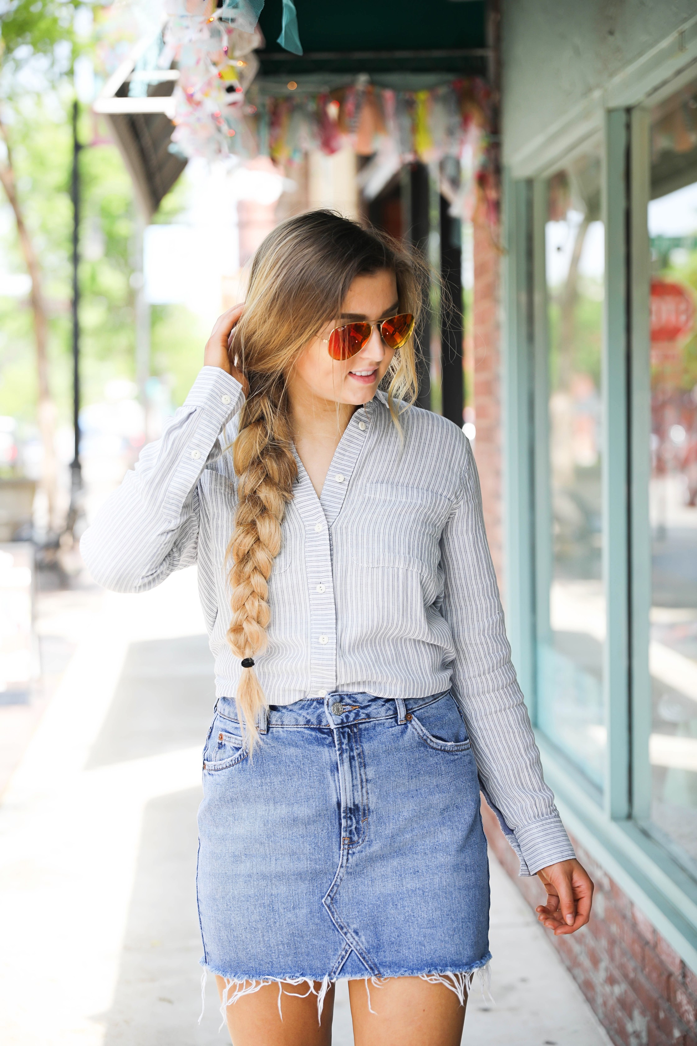 Jean skirt with oxford and ray ban sunglasses on fashion blog daily dose of charm by Lauren Lindmark dailydoseofcharm.com