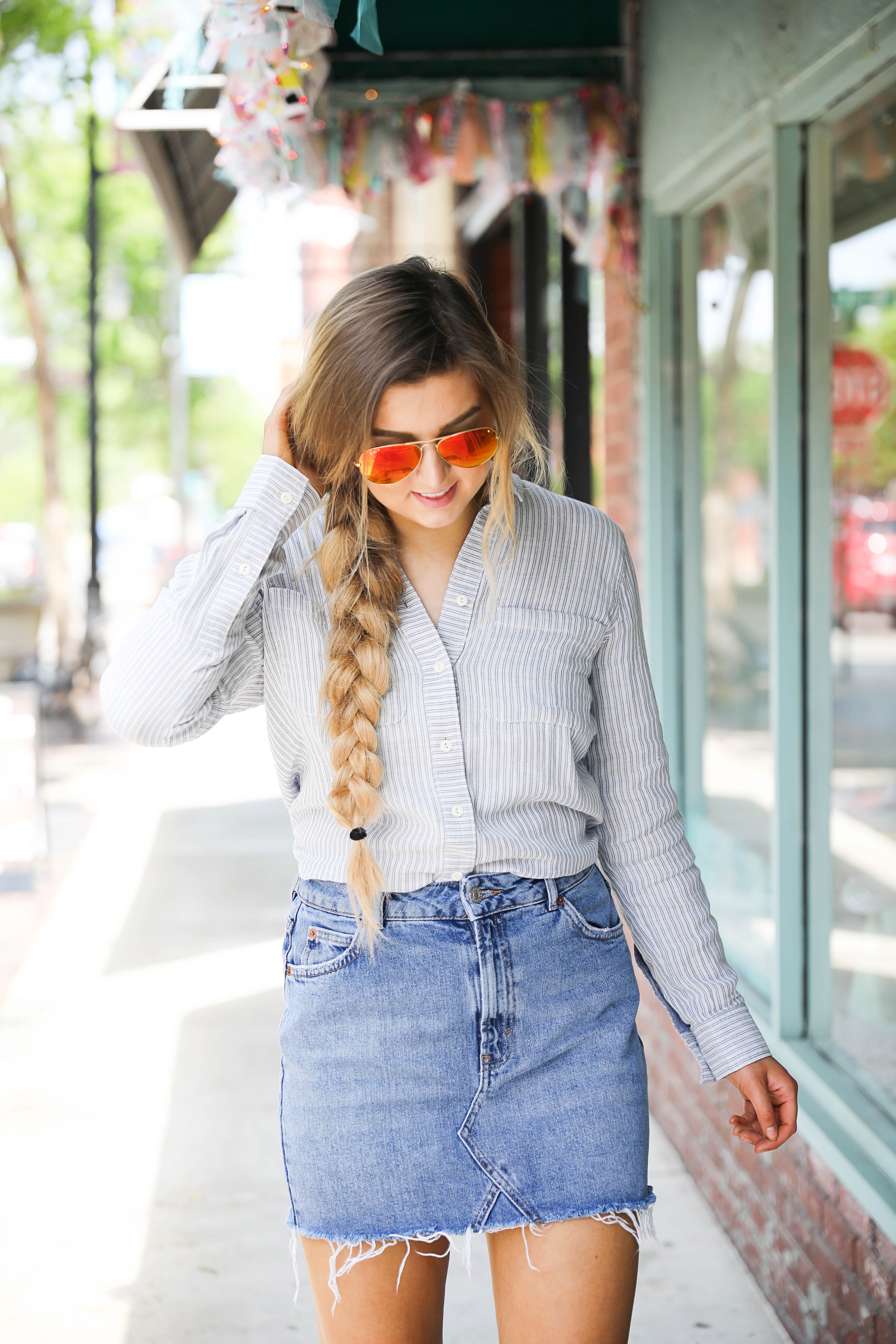 Jean skirt with oxford and ray ban sunglasses on fashion blog daily dose of charm by Lauren Lindmark dailydoseofcharm.com