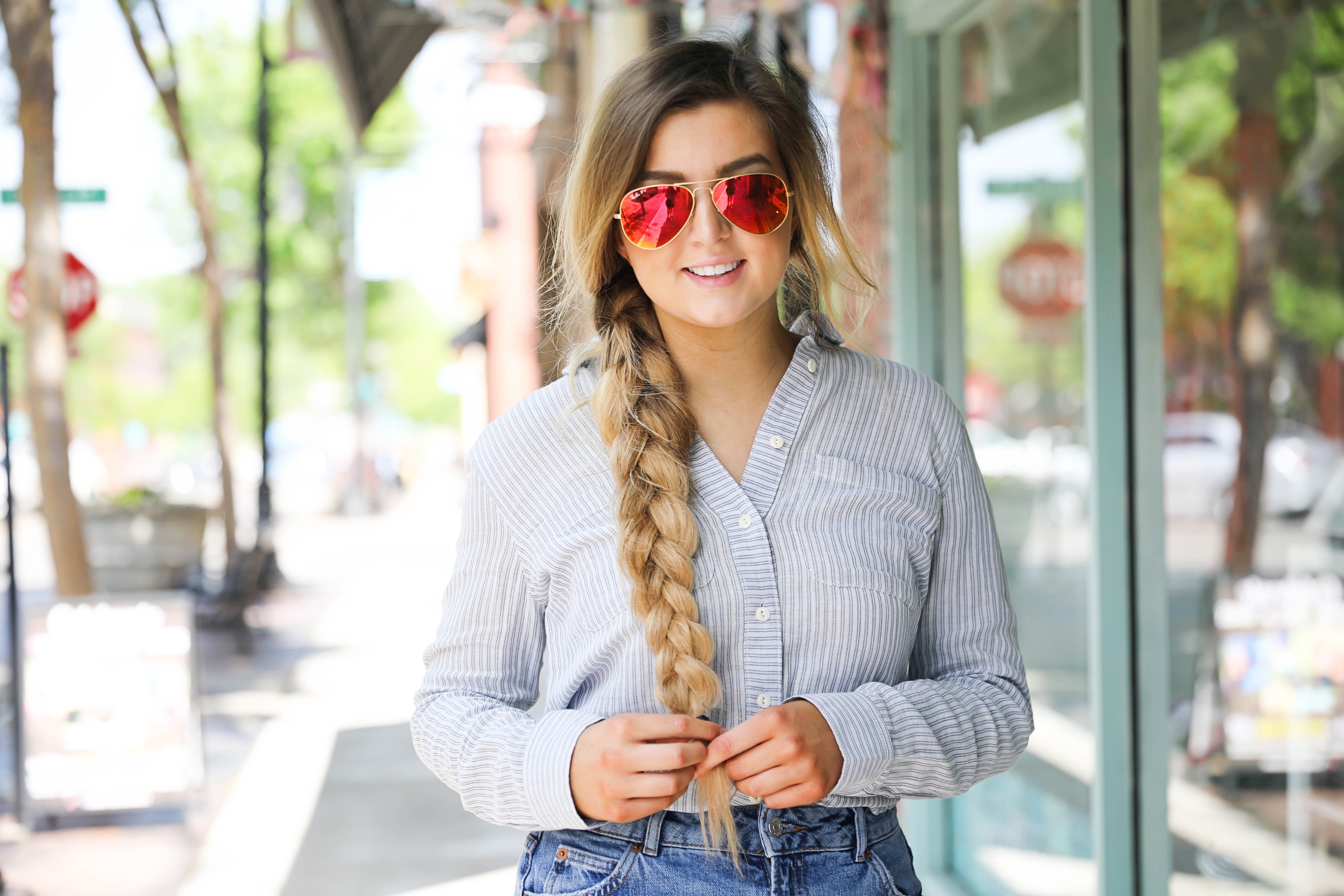 Jean skirt with oxford and ray ban sunglasses on fashion blog daily dose of charm by Lauren Lindmark dailydoseofcharm.com