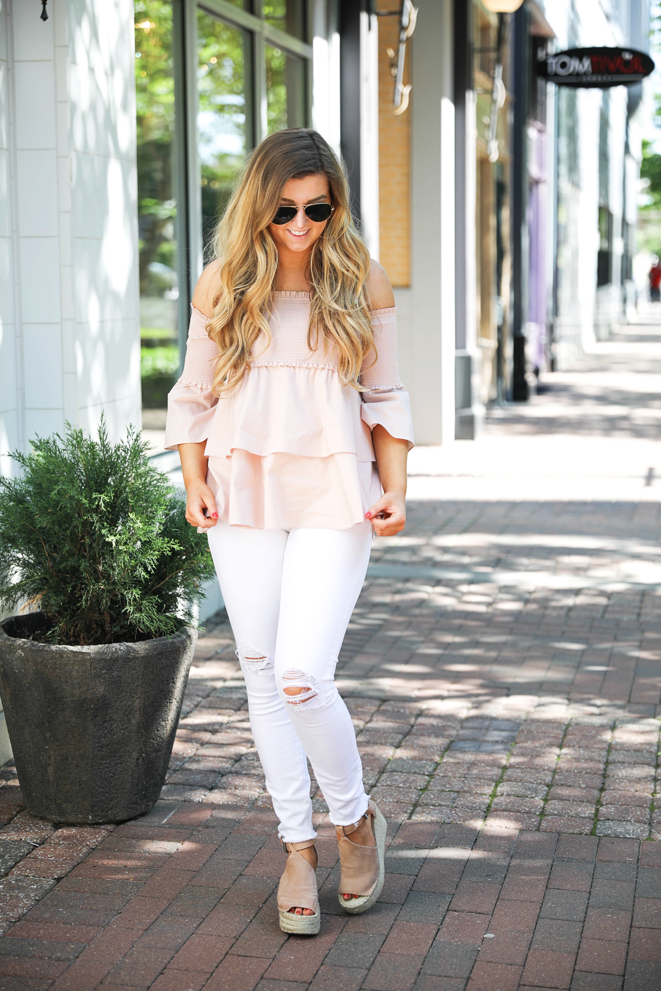 Off the shoulder smock top with the best white jeans by fashion blogger Lauren Lindmark on daily dose of charm