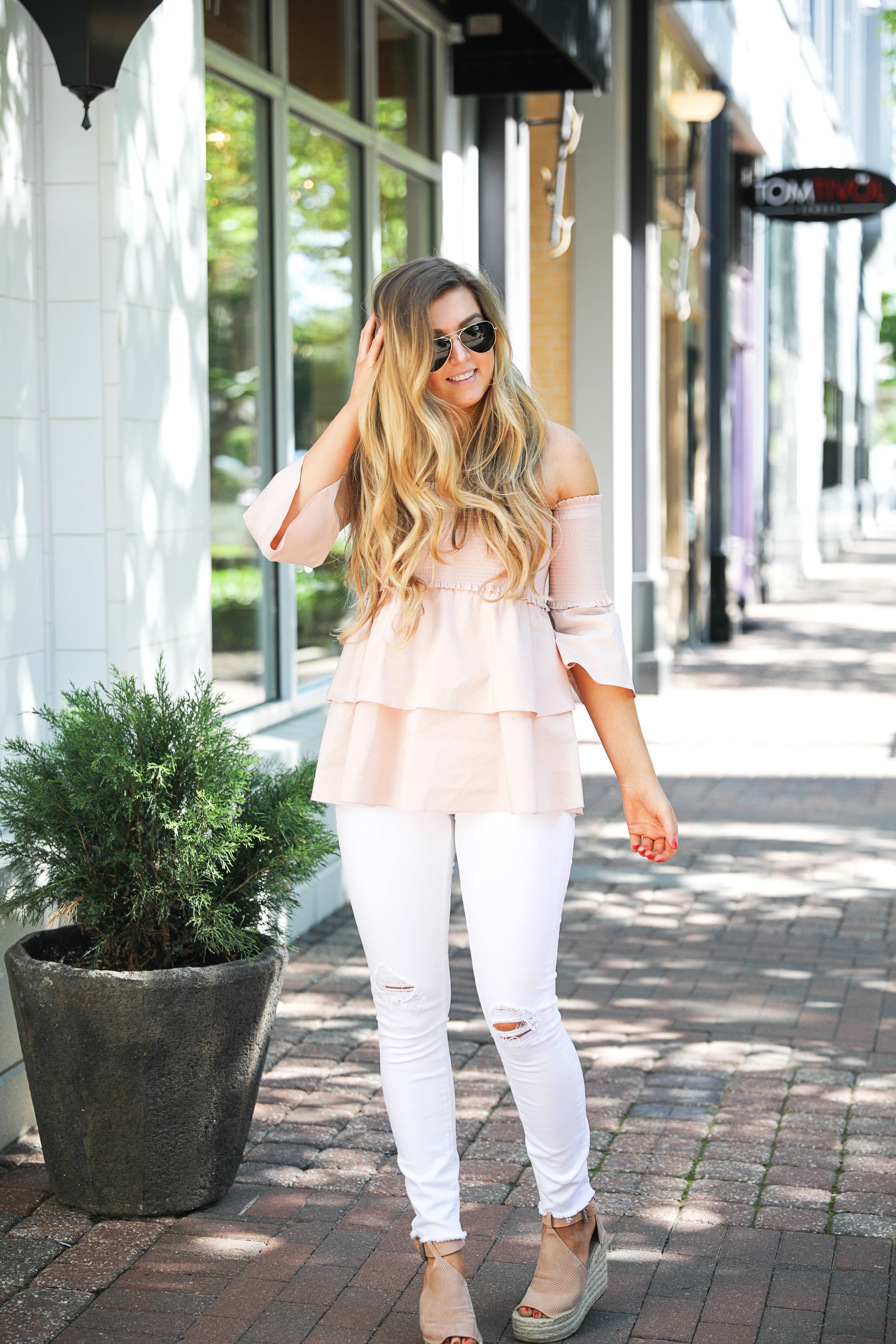 Off the shoulder smock top with the best white jeans by fashion blogger Lauren Lindmark on daily dose of charm