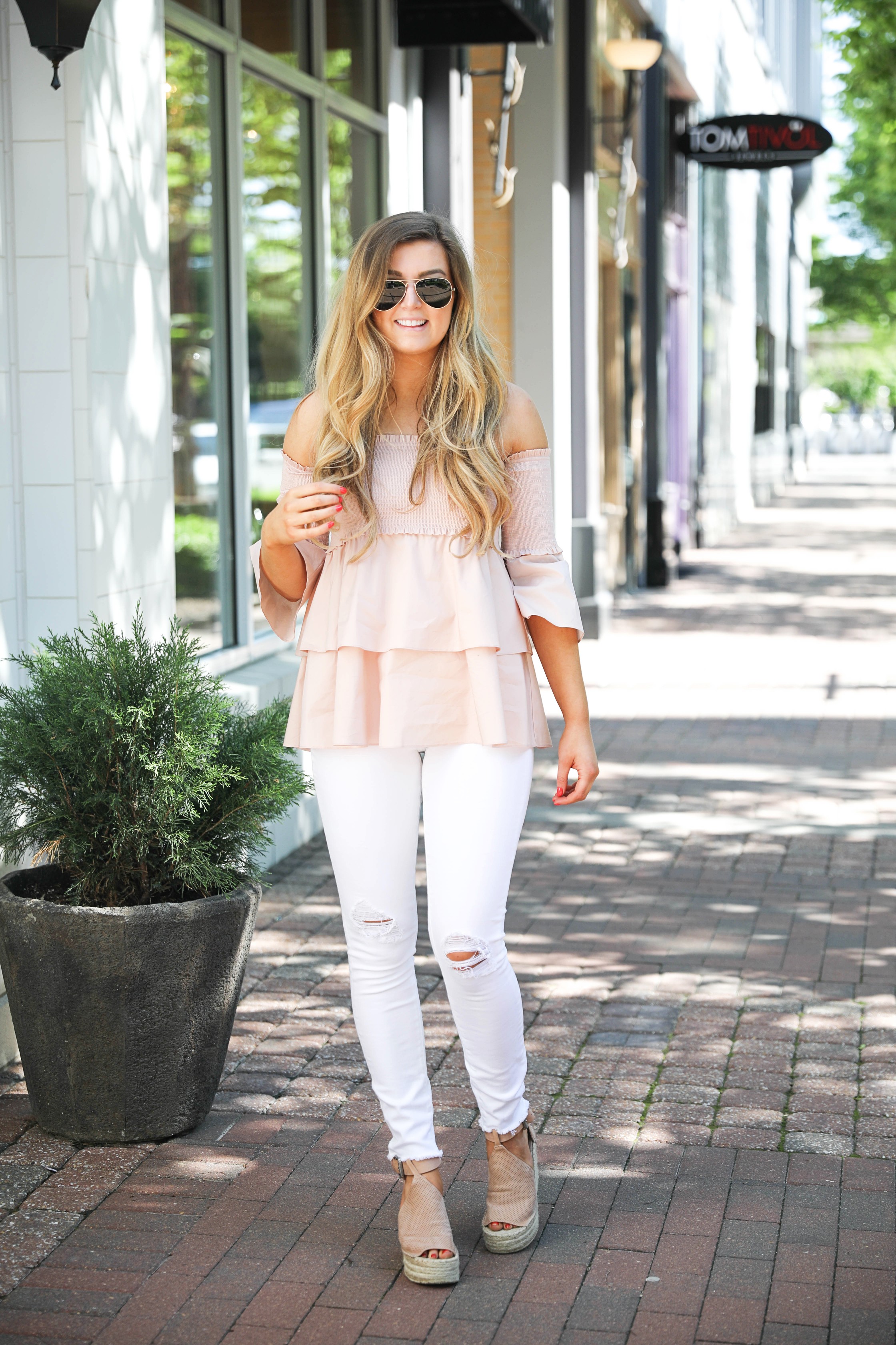 Off the shoulder smock top with the best white jeans by fashion blogger Lauren Lindmark on daily dose of charm