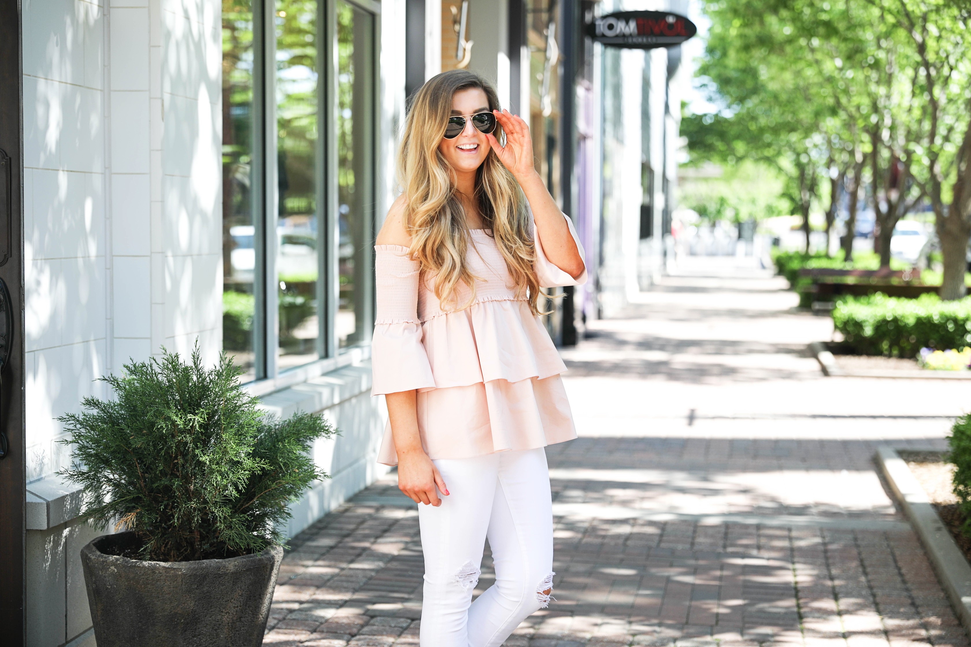 Off the shoulder smock top with the best white jeans by fashion blogger Lauren Lindmark on daily dose of charm