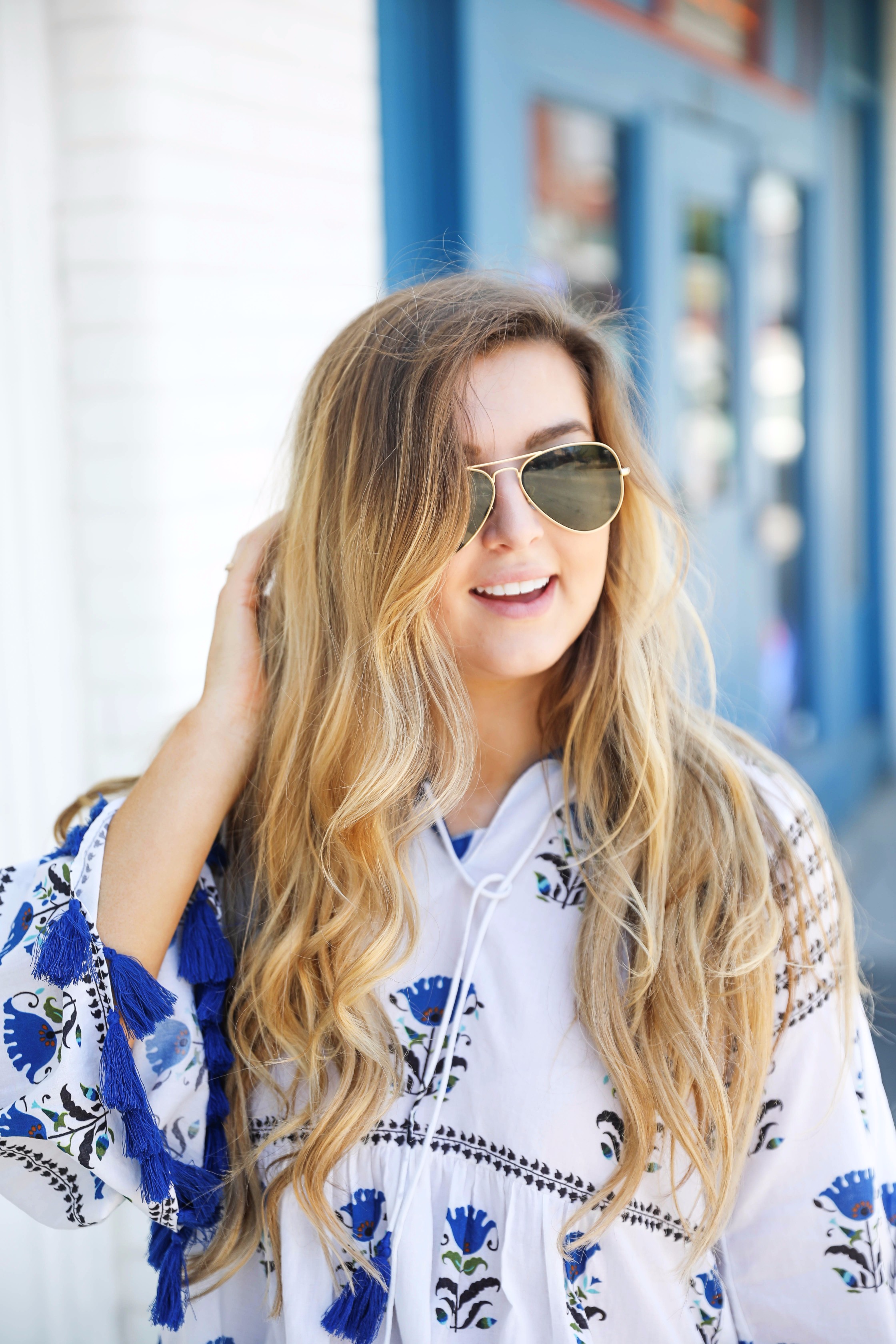 Blue tassel printed tunic summer outfit on fashion blog daily dose of charm by lauren lindmark