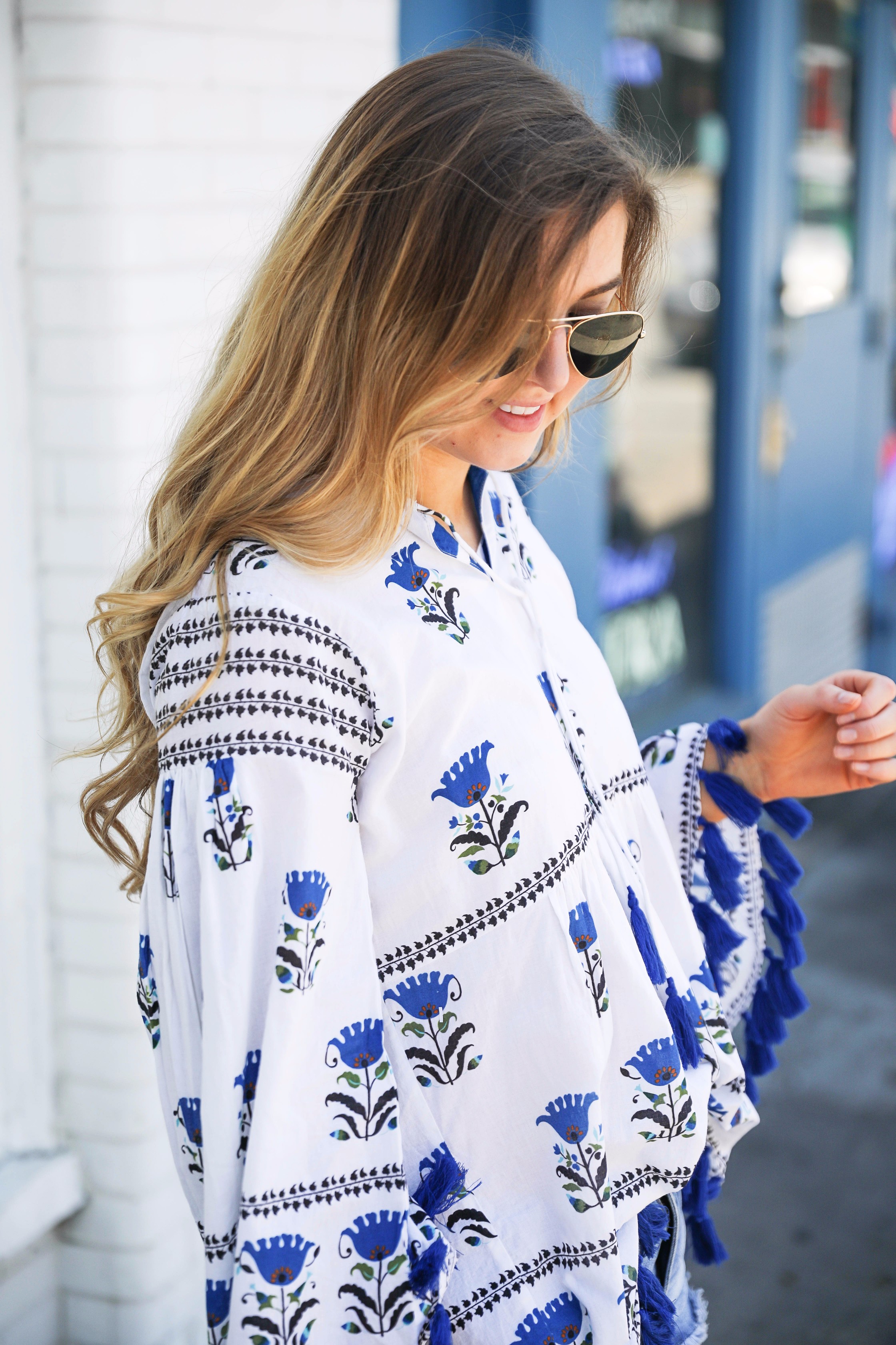 Blue tassel printed tunic summer outfit on fashion blog daily dose of charm by lauren lindmark