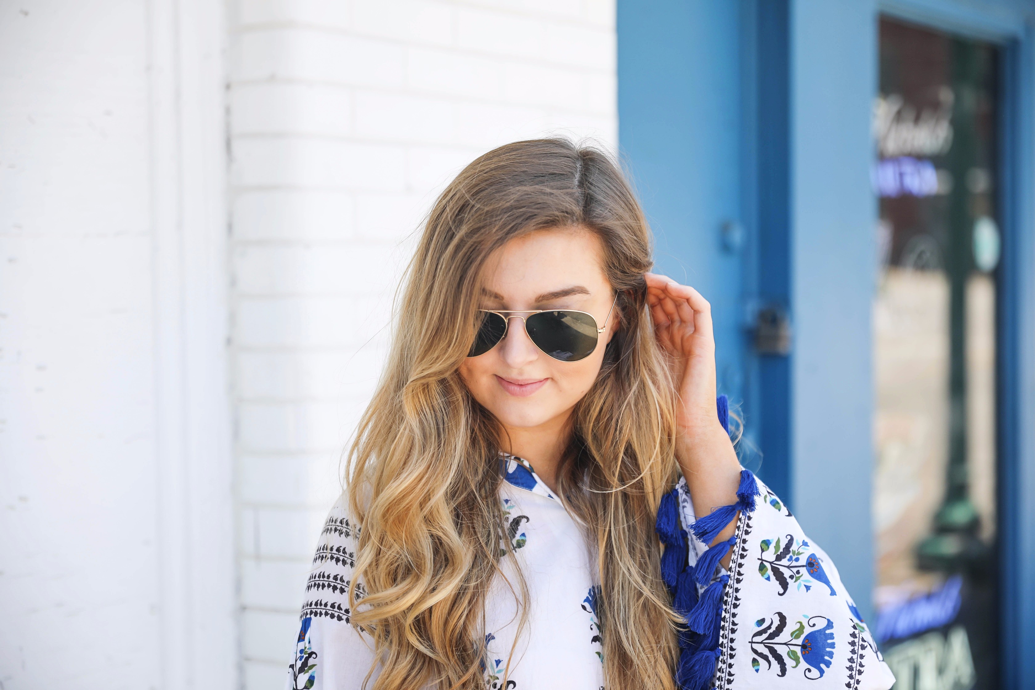 Blue tassel printed tunic summer outfit on fashion blog daily dose of charm by lauren lindmark