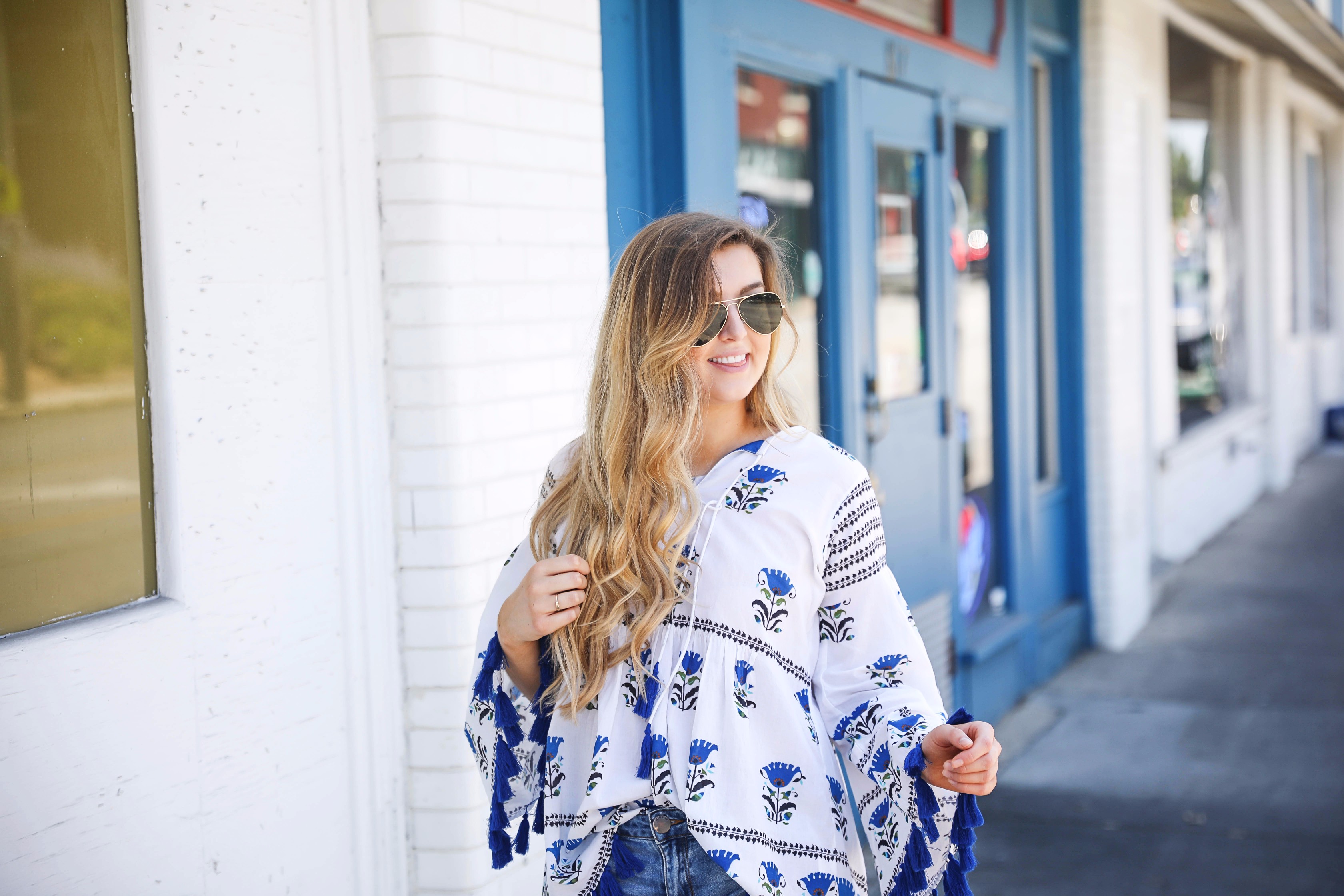 Blue tassel printed tunic summer outfit on fashion blog daily dose of charm by lauren lindmark