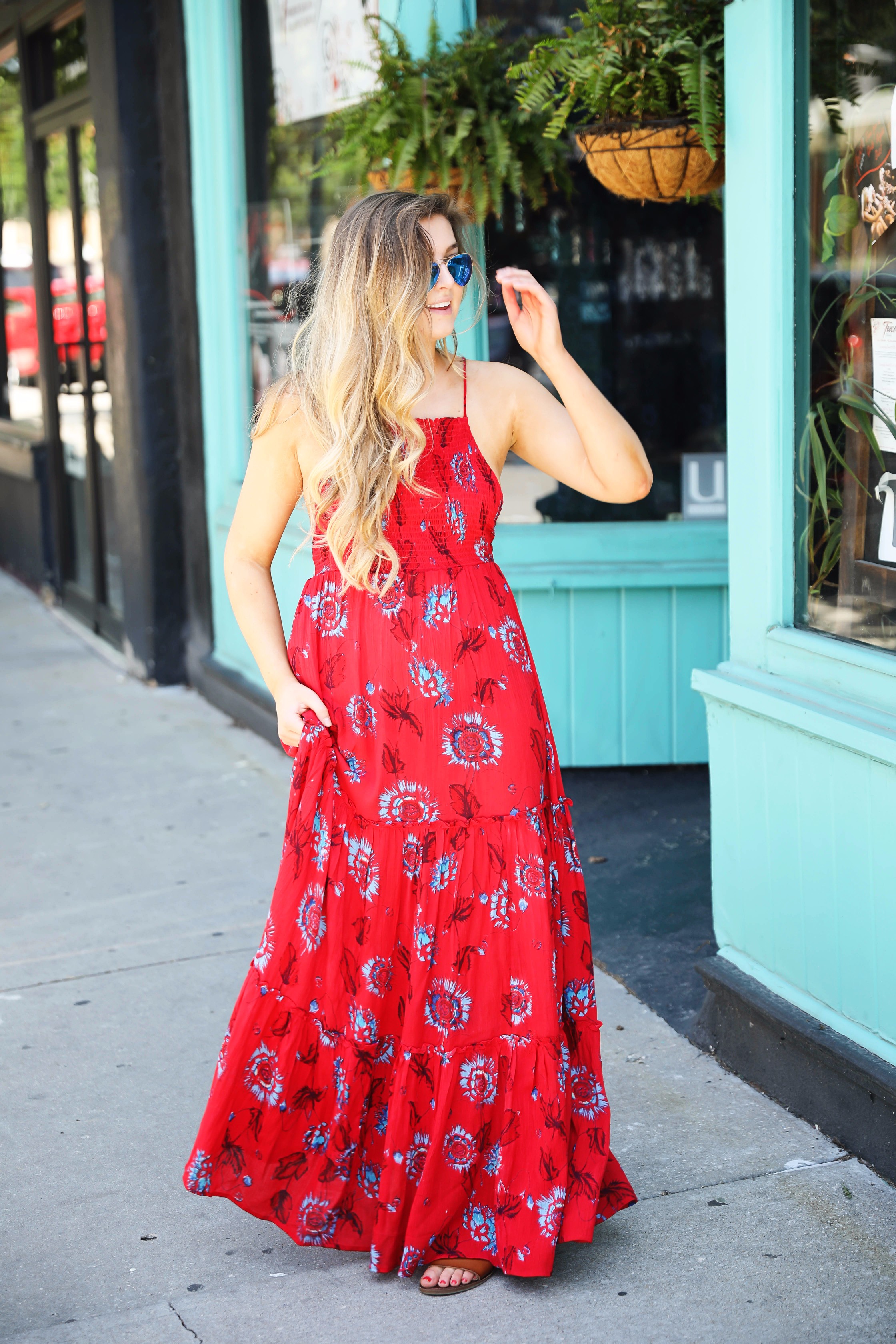 Free people red tie back maxi dress for summer and fourth of July outfit by lauren lindmark on daily dose of charm lauren lindmark