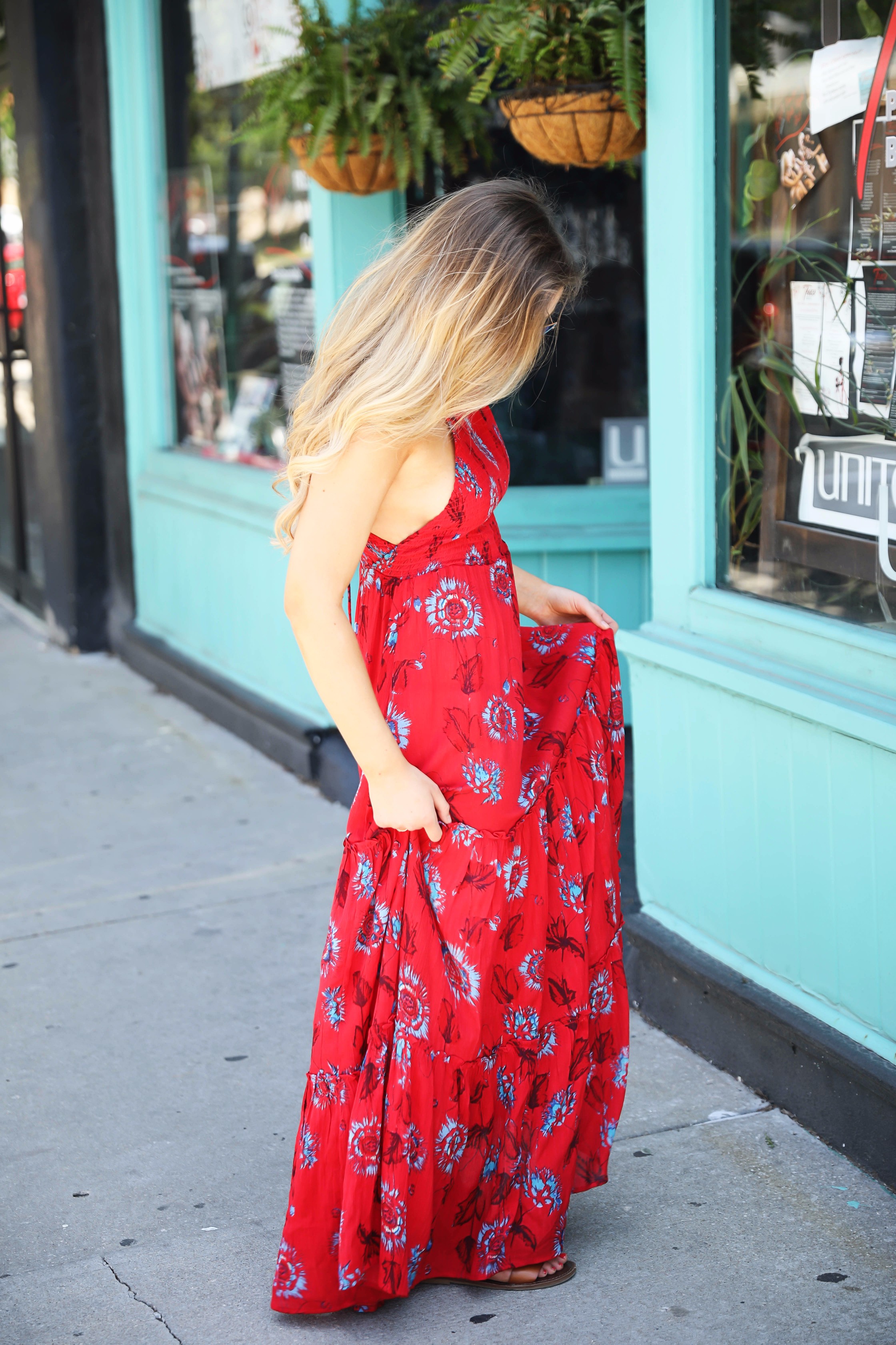 Free people red tie back maxi dress for summer and fourth of July outfit by lauren lindmark on daily dose of charm lauren lindmark