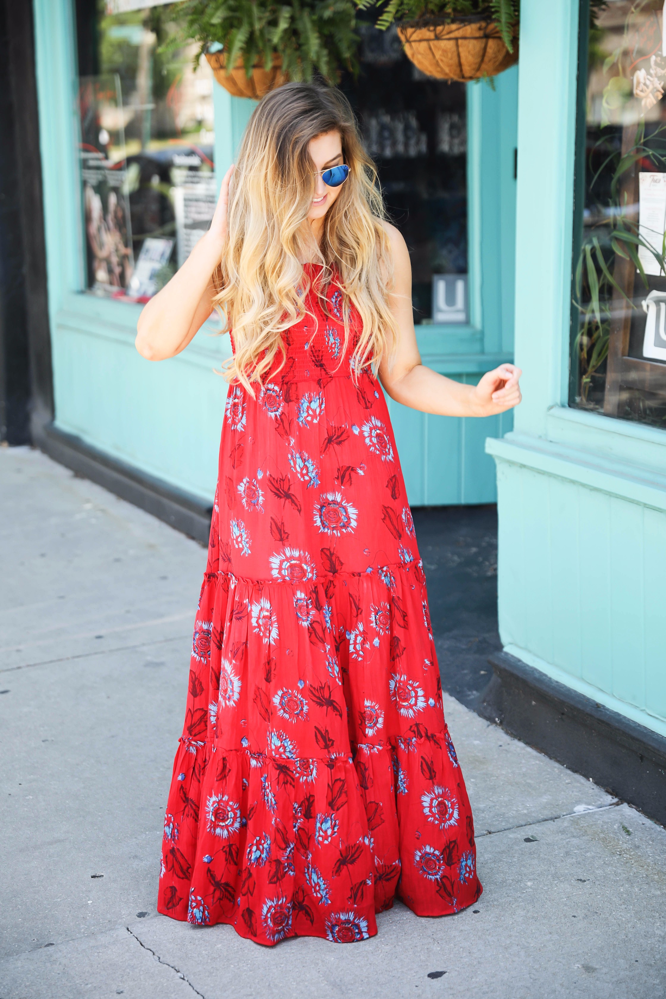 Free people red tie back maxi dress for summer and fourth of July outfit by lauren lindmark on daily dose of charm lauren lindmark