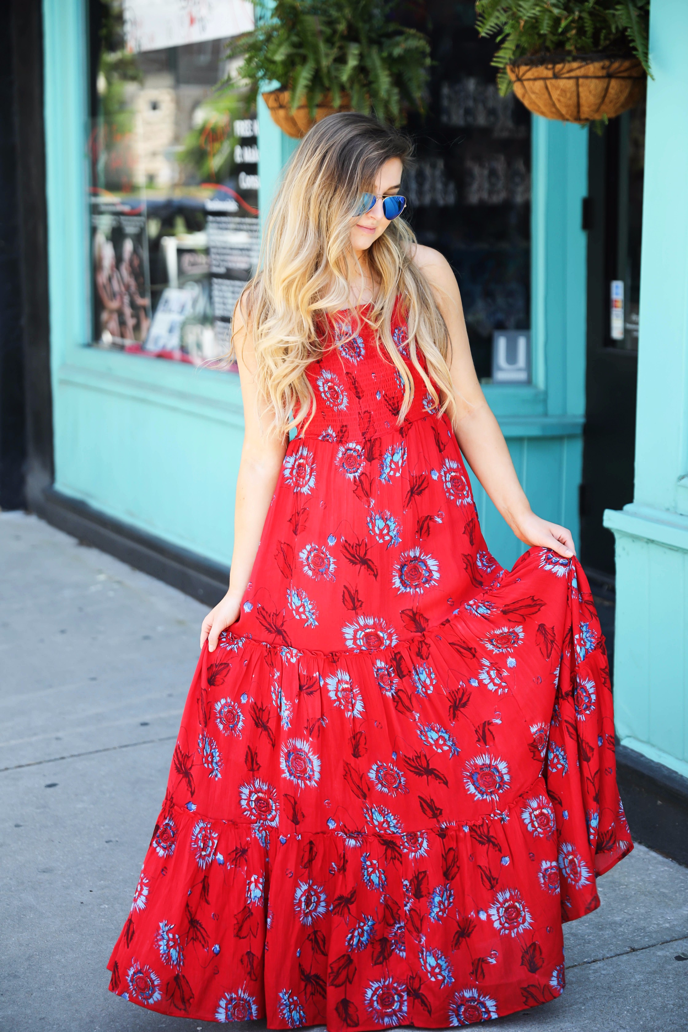 Free people red tie back maxi dress for summer and fourth of July outfit by lauren lindmark on daily dose of charm lauren lindmark