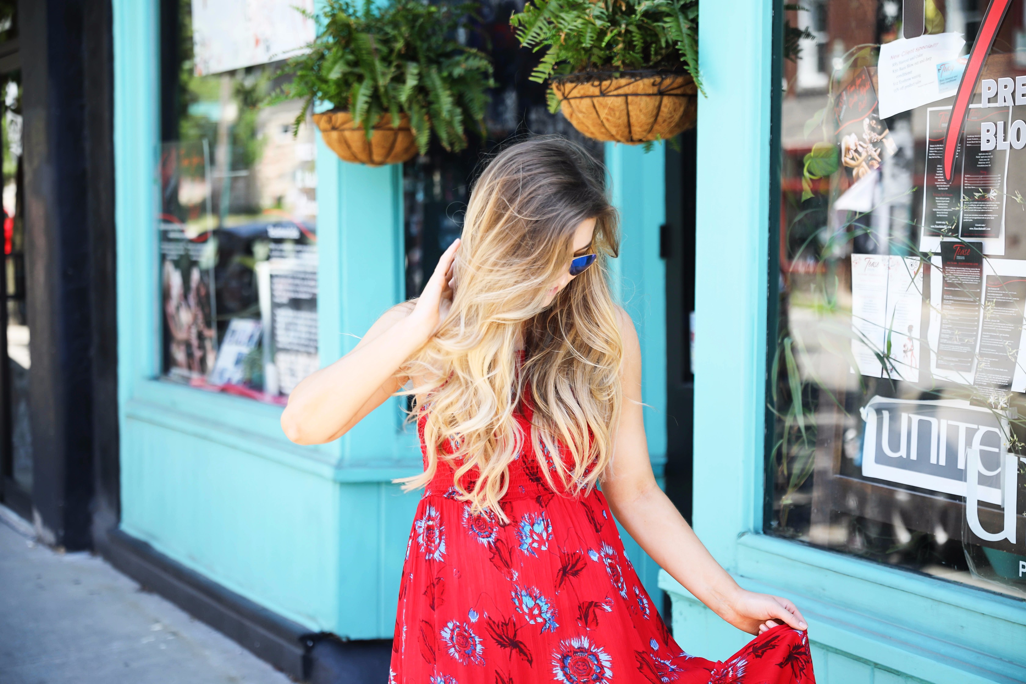 Free people red tie back maxi dress for summer and fourth of July outfit by lauren lindmark on daily dose of charm lauren lindmark