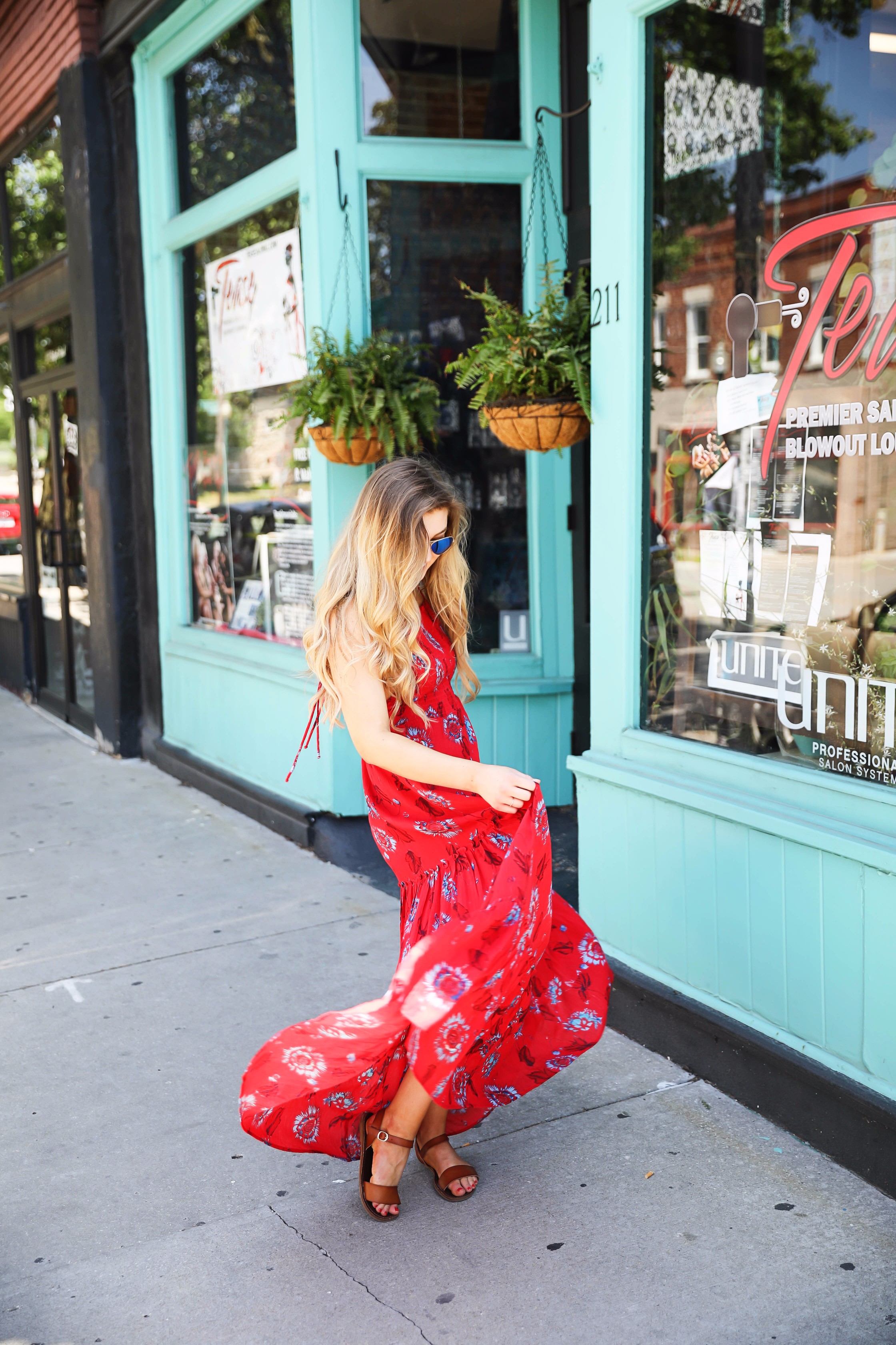 Free people red tie back maxi dress for summer and fourth of July outfit by lauren lindmark on daily dose of charm lauren lindmark