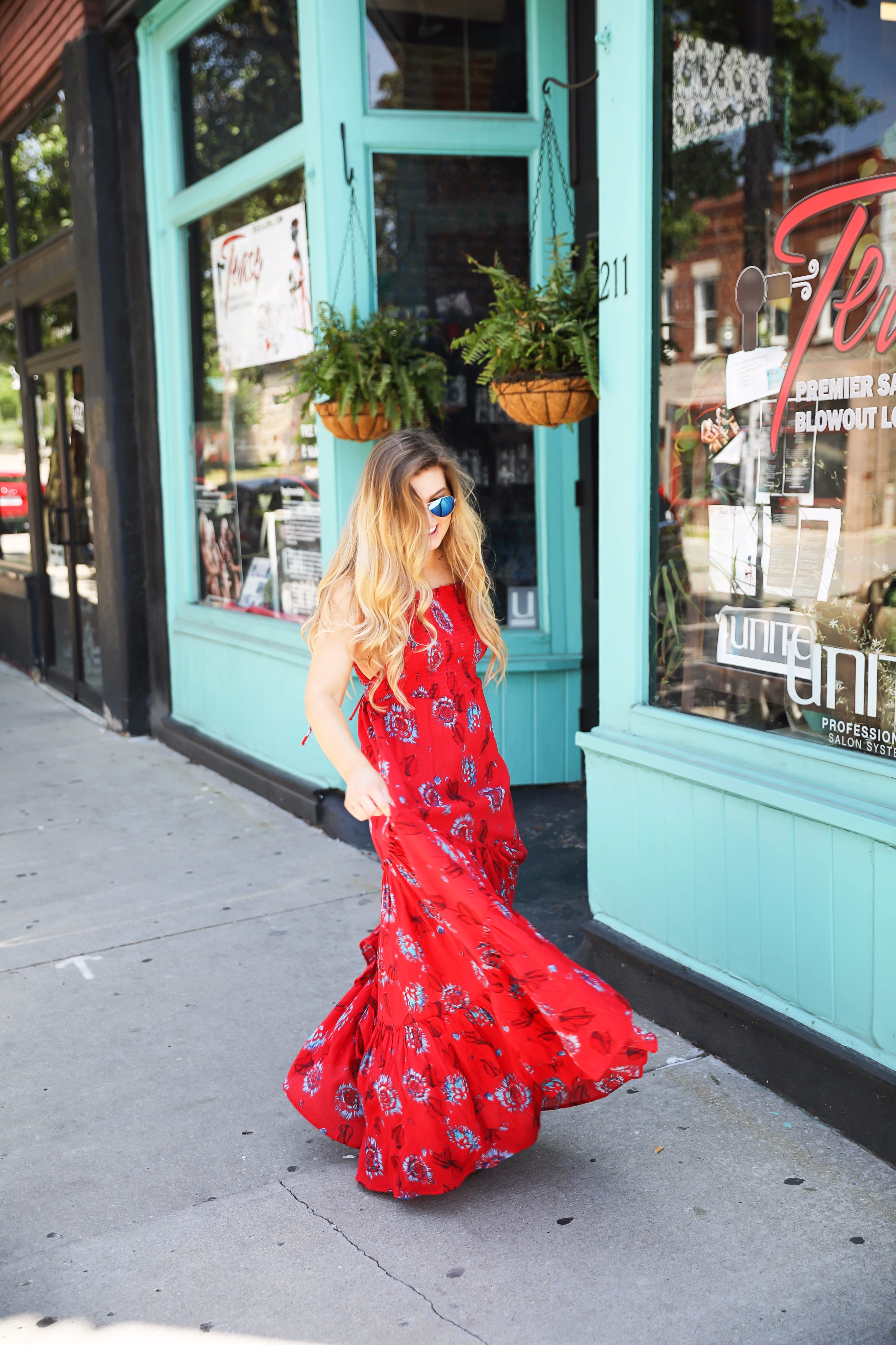 Free people red tie back maxi dress for summer and fourth of July outfit by lauren lindmark on daily dose of charm lauren lindmark