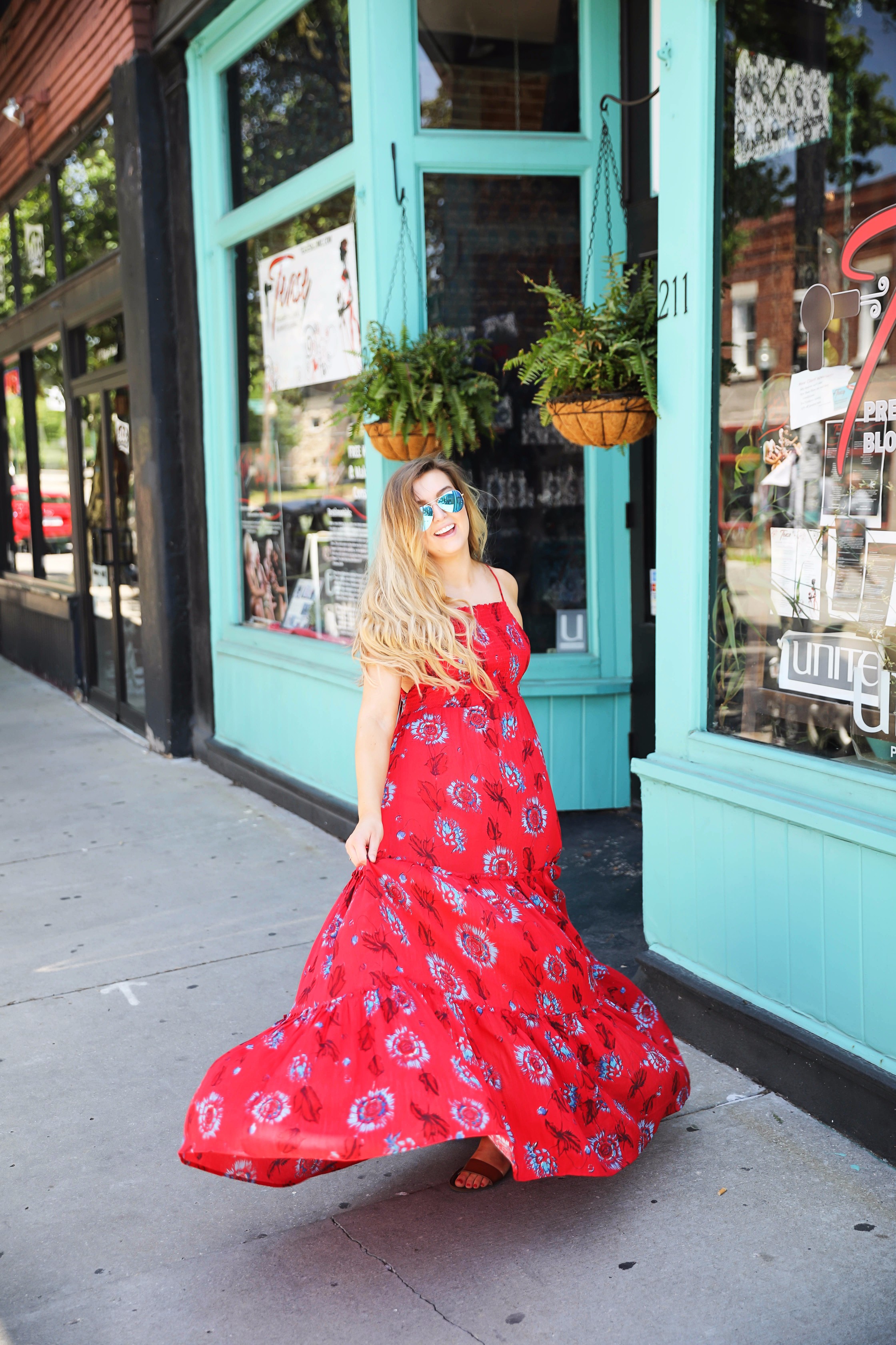 Free people red tie back maxi dress for summer and fourth of July outfit by lauren lindmark on daily dose of charm lauren lindmark