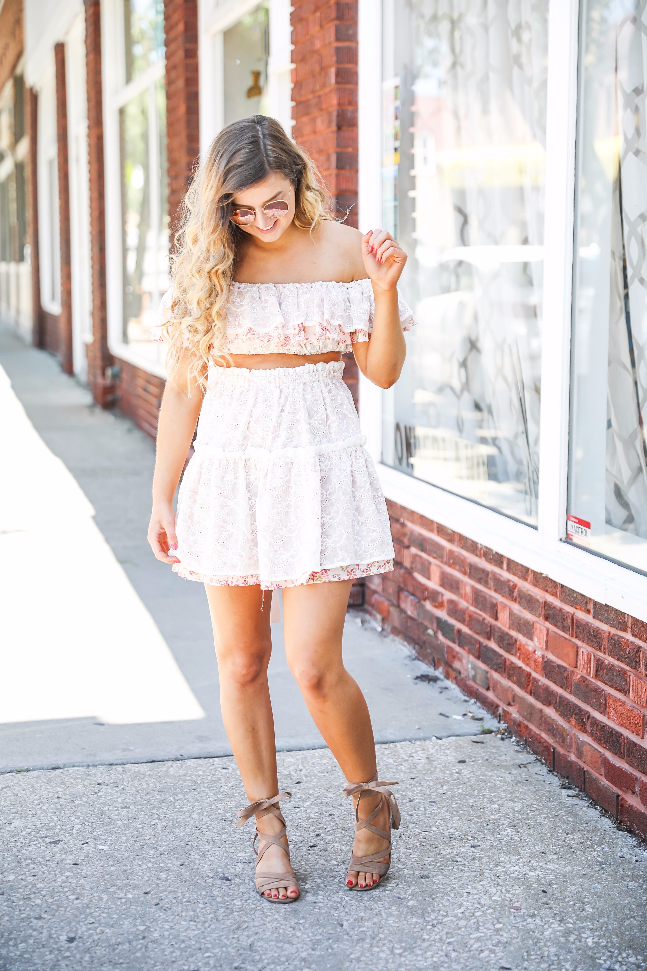 Pink lace ruffle off the shoulder two piece by fashion blogger daily dose of charm lauren lindmark 