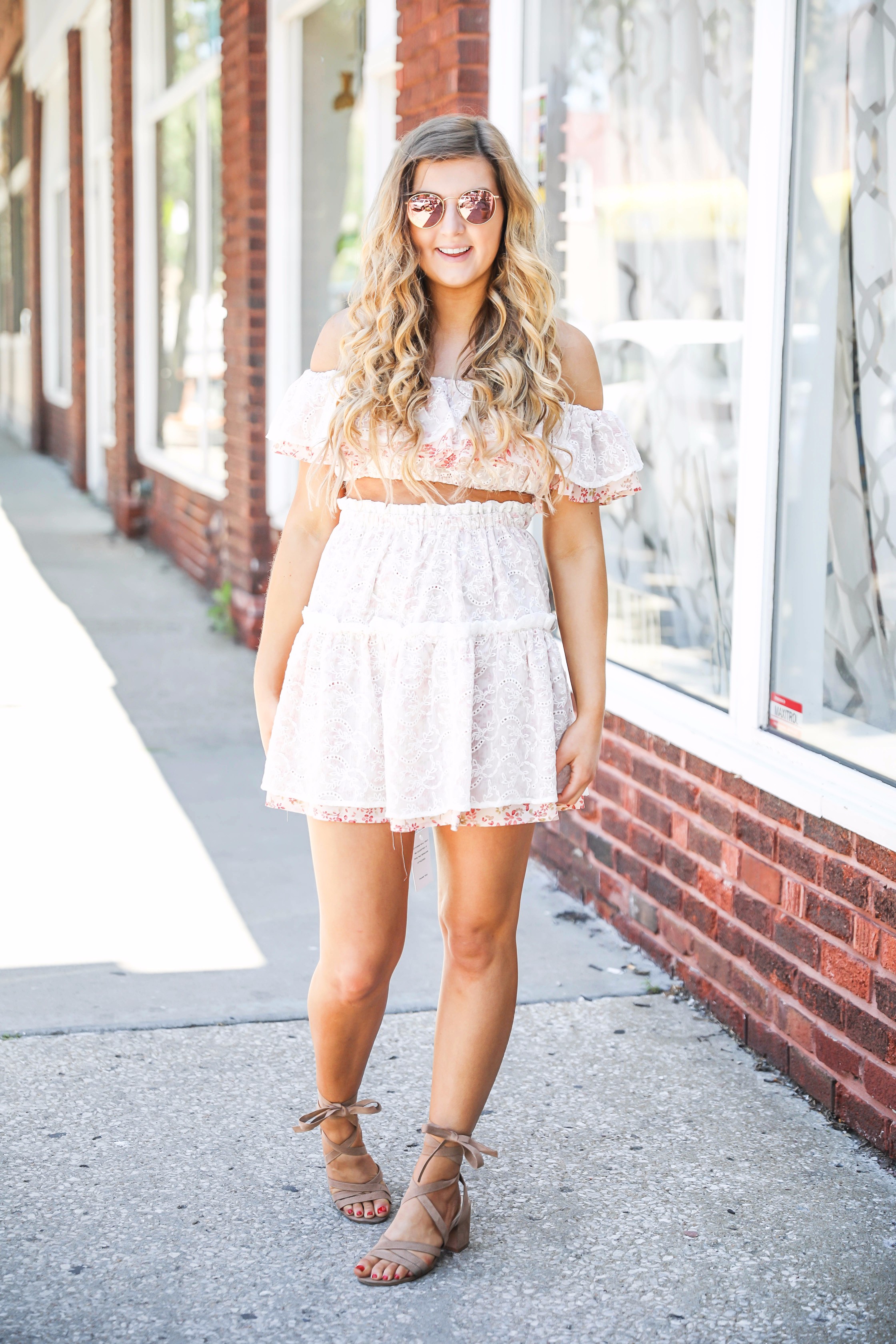 Pink lace ruffle off the shoulder two piece by fashion blogger daily dose of charm lauren lindmark 