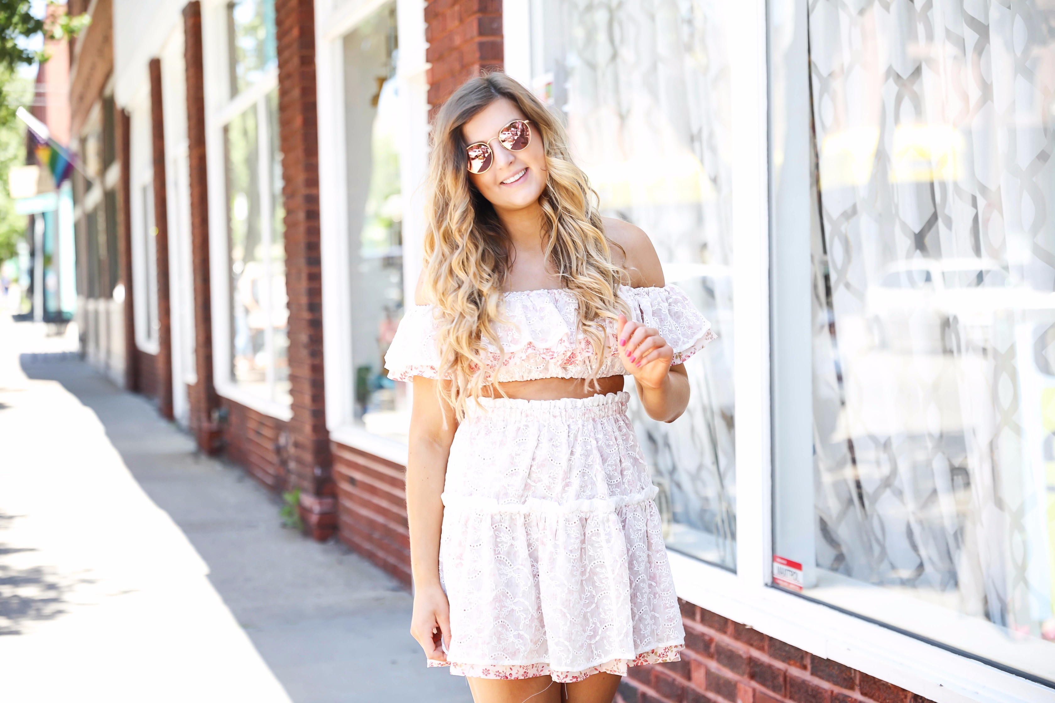 Pink lace ruffle off the shoulder two piece by fashion blogger daily dose of charm lauren lindmark