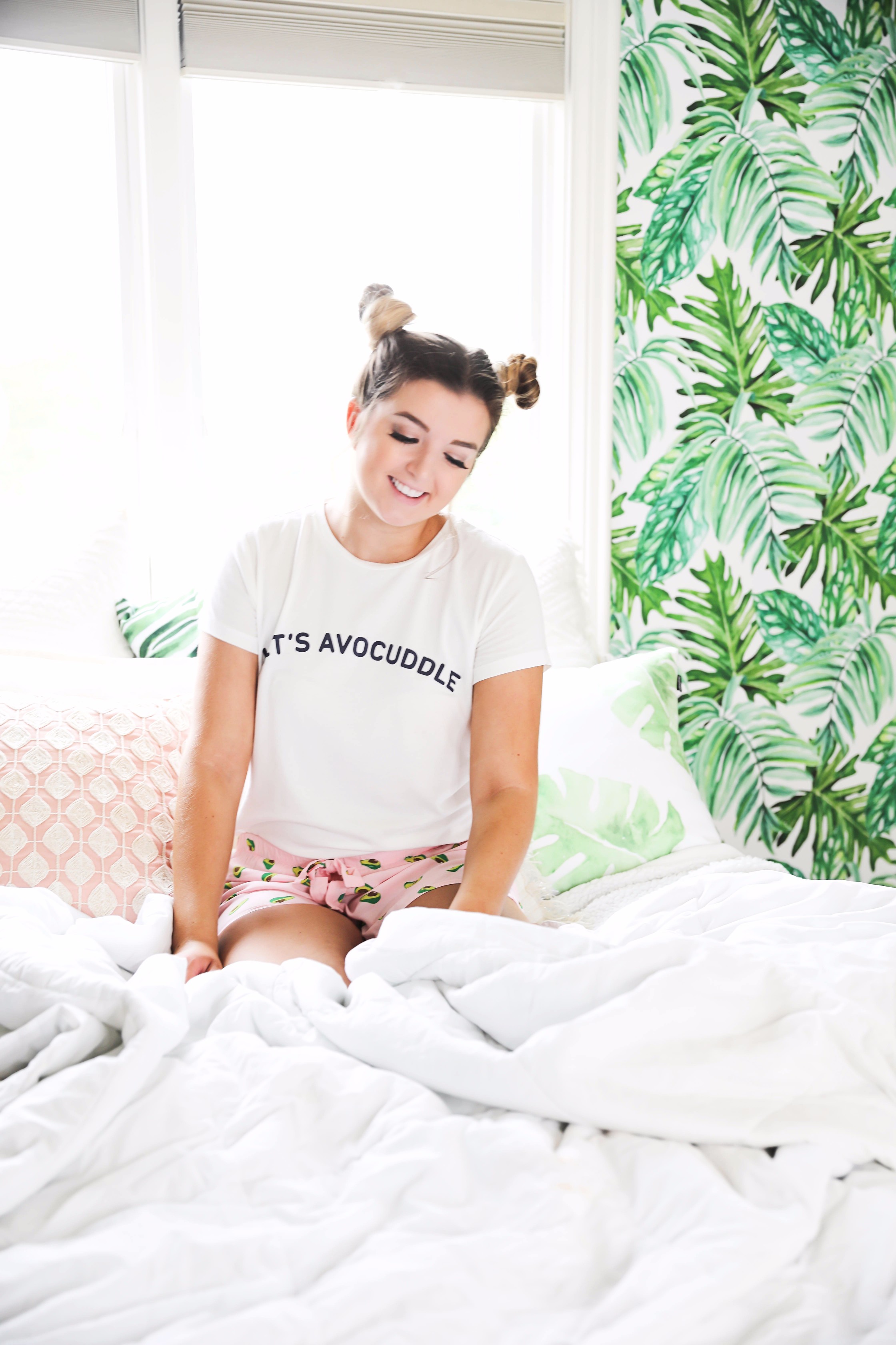 Avocado pink pajamas that say let's avocuddle! How adorable are these pjs?! Super inexpensive! on fashion blog daily dose of charm by lauren lindmark