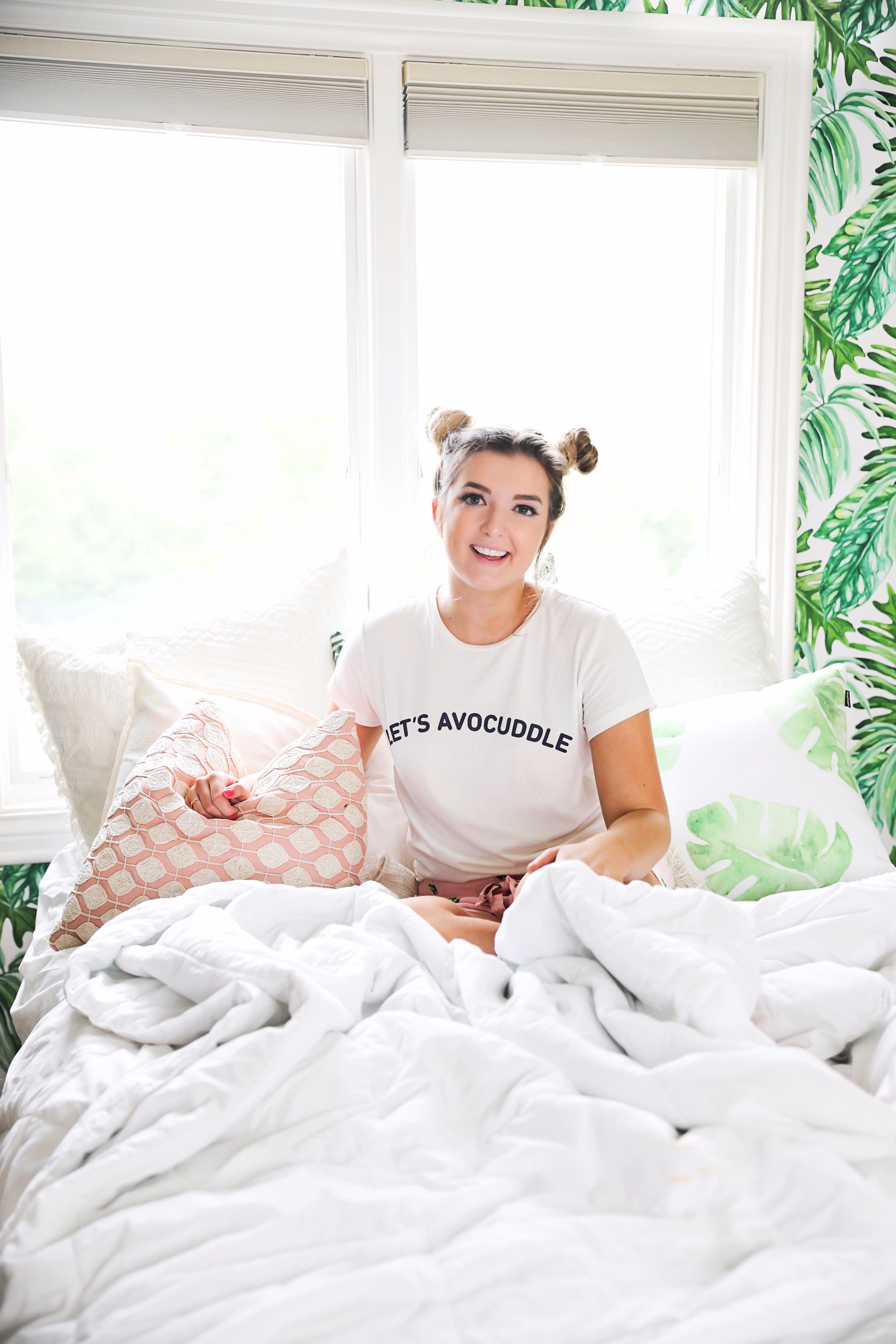 Avocado pink pajamas that say let's avocuddle! How adorable are these pjs?! Super inexpensive! on fashion blog daily dose of charm by lauren lindmark