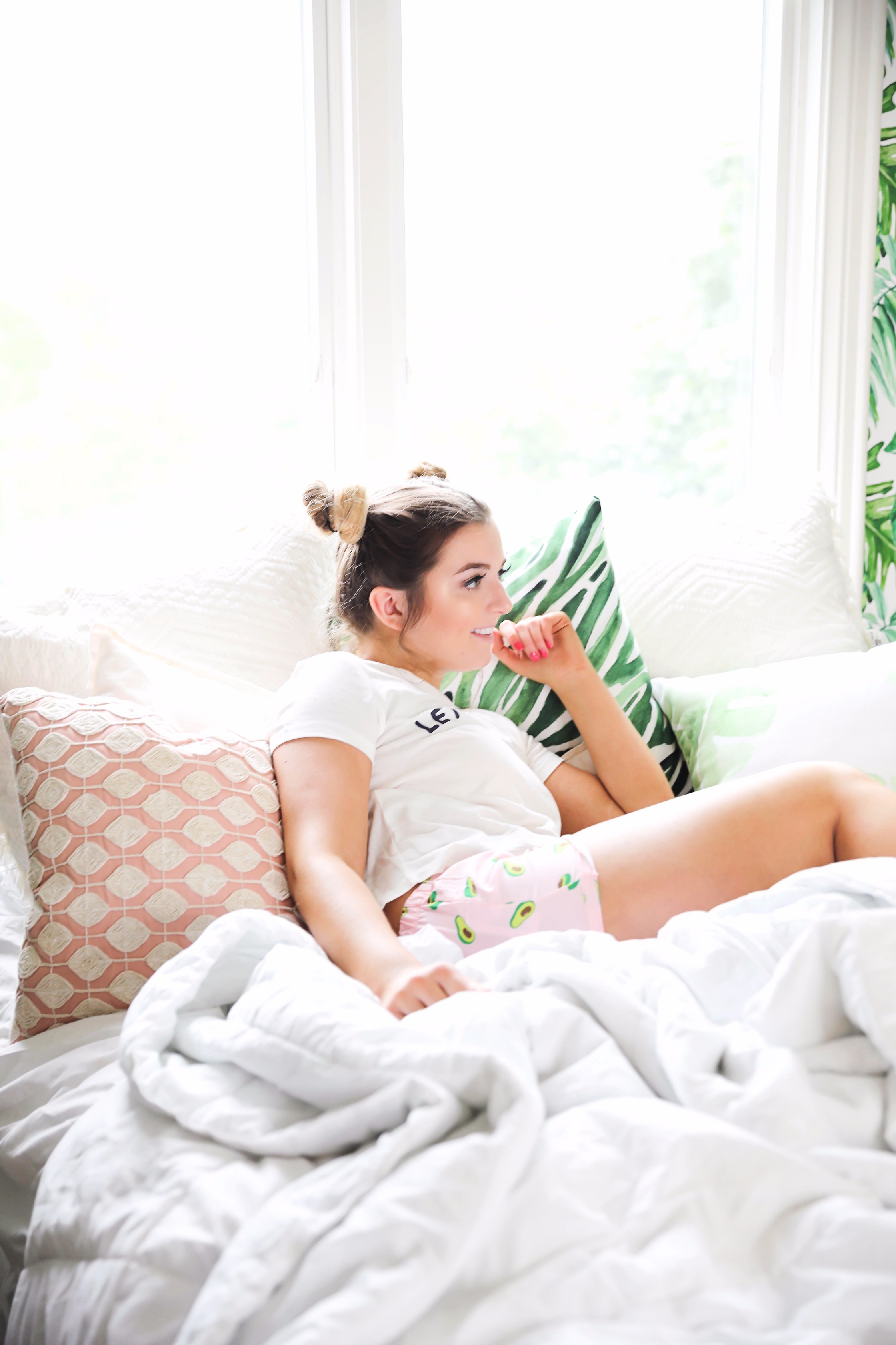 Avocado pink pajamas that say let's avocuddle! How adorable are these pjs?! Super inexpensive! on fashion blog daily dose of charm by lauren lindmark