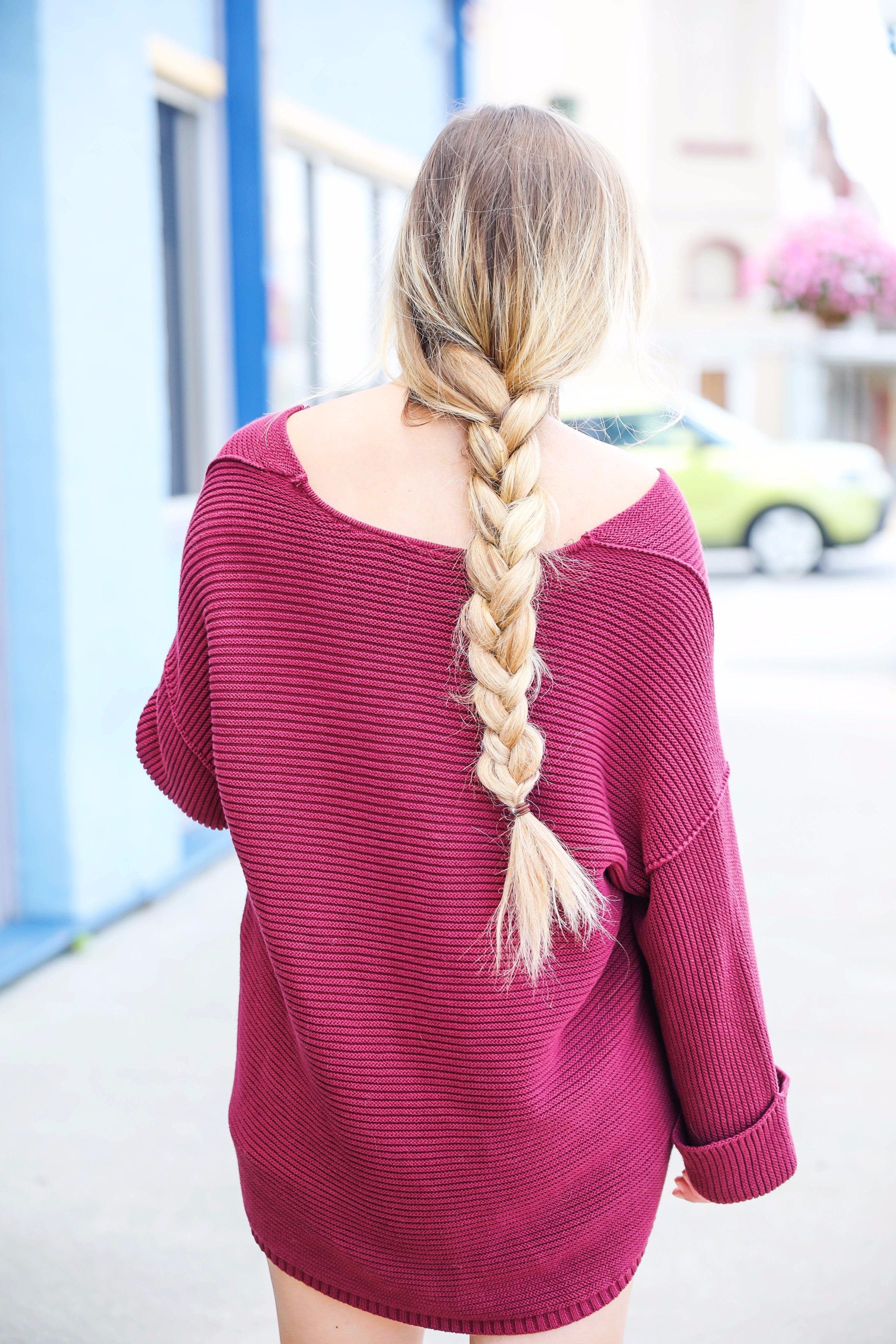 Cutest slouchy burgundy sweater worn with ripped denim shorts. This sweater is from the 2017 nordstrom anniversary sale! By fashion blogger lauren lindmark on daily dose of charm dailydoseofcharm.com