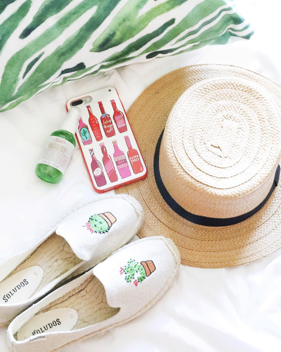 Kiehls cactus spray, soludos cactus sandals, hat, Kate Spade hot sauce phone case, palm leaf pillow on June Instagram Roundup 2017 on fashion Instagram @dailydoseofcharm by fashion blogger daily dose of charm AKA lauren lindmark