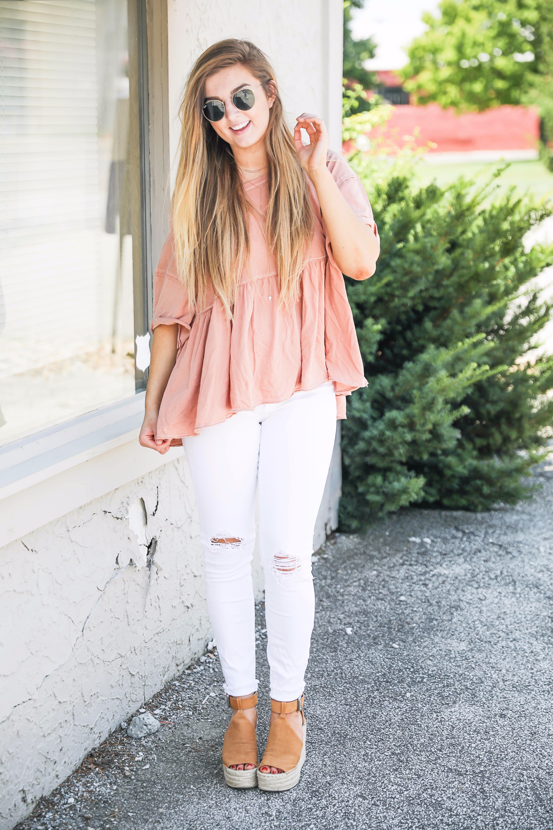 Nude free people slouchy off the shoulder tee paired with white jeans and wedges on fashion blog daily dose of charm by lauren lindmark