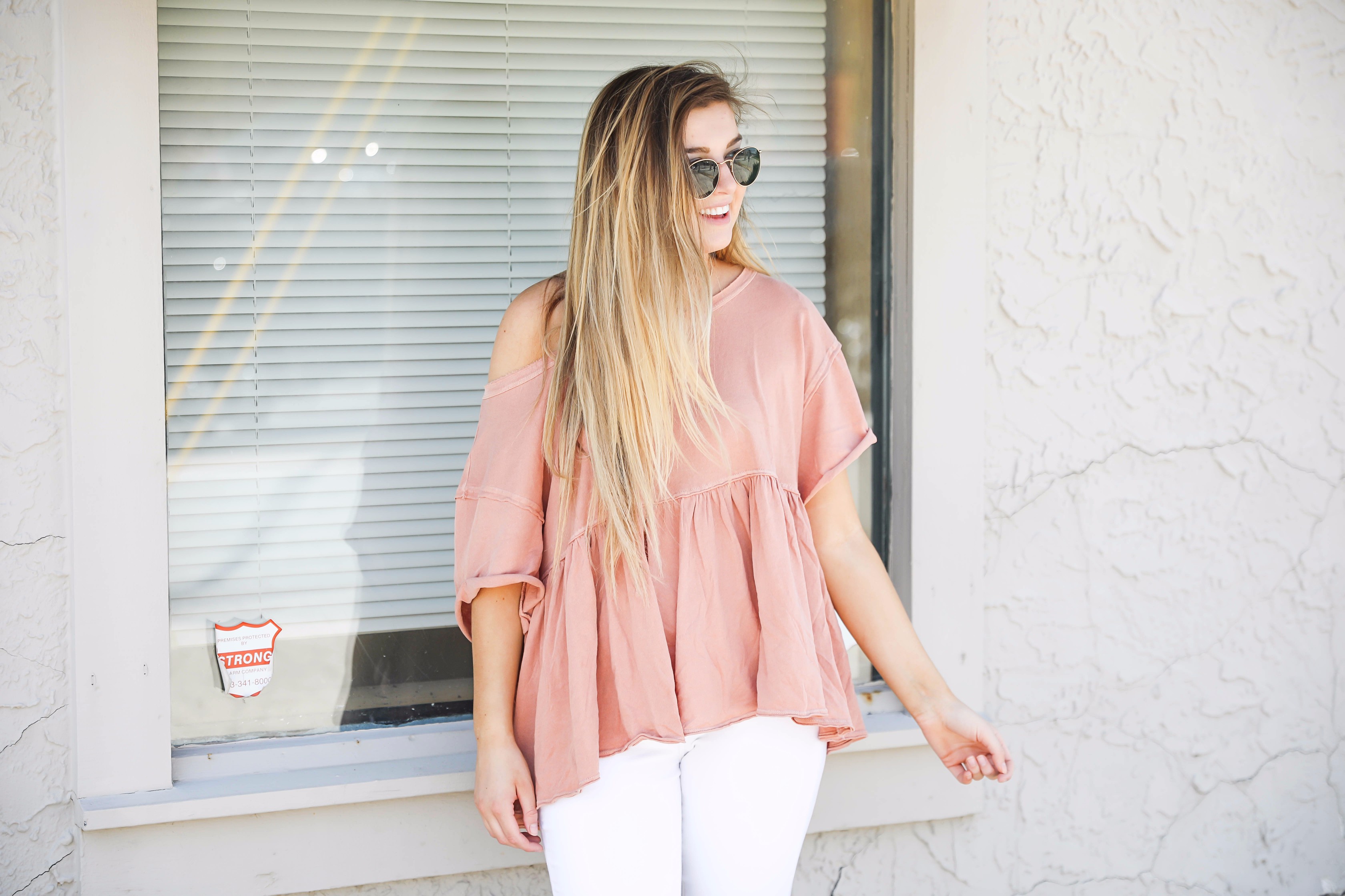 Nude free people slouchy off the shoulder tee paired with white jeans and wedges on fashion blog daily dose of charm by lauren lindmark