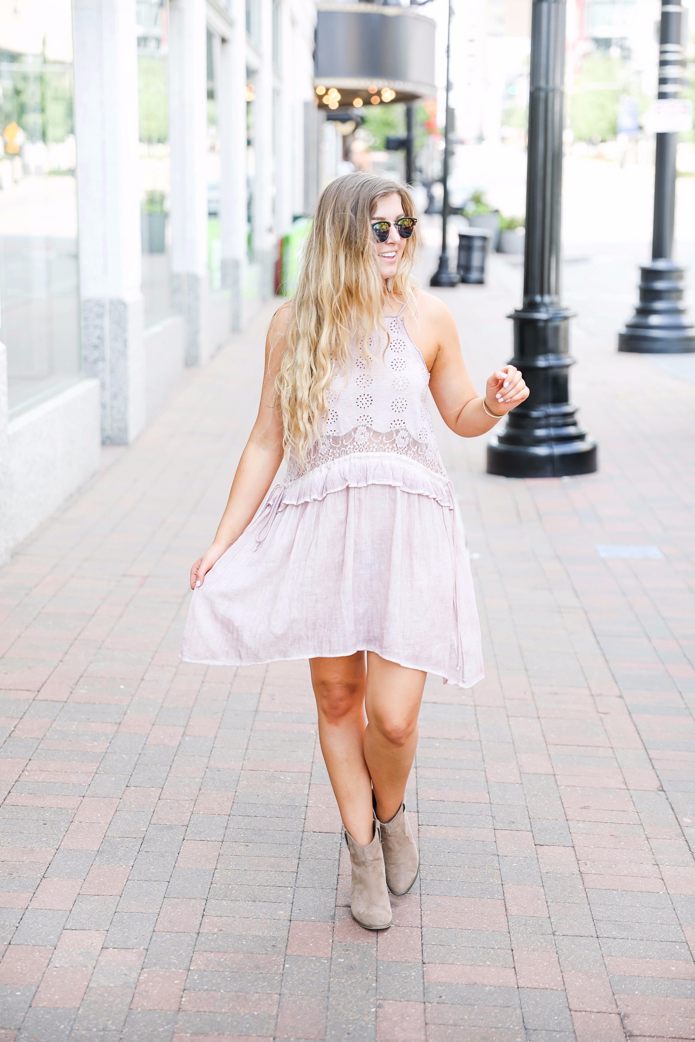 Pretty lavender lace dress paired with booties for fall! The color of this dress is amazing, I can't get over the lace detail around the waste! Outfit by fashion blogger daily dose of charm by lauren lindmark