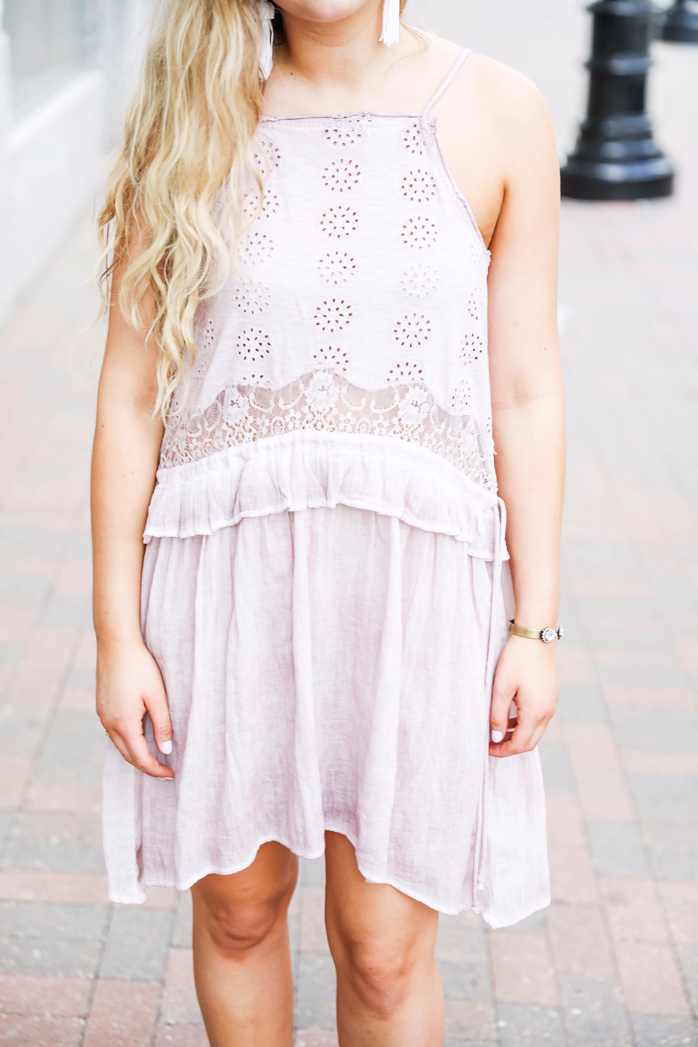 Pretty lavender lace dress paired with booties for fall! The color of this dress is amazing, I can't get over the lace detail around the waste! Outfit by fashion blogger daily dose of charm by lauren lindmark