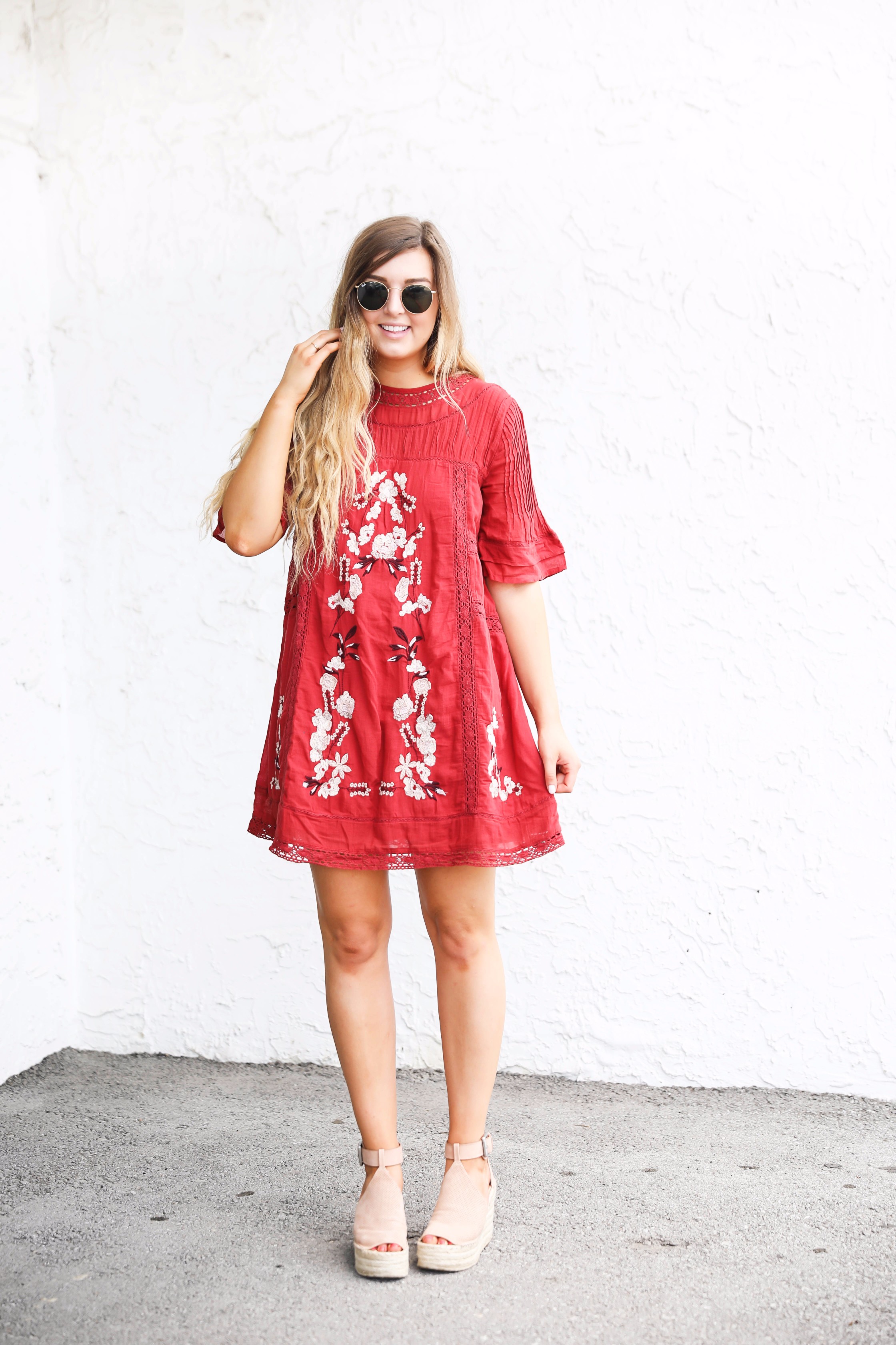 Red free people fall dress! I love this bright red color for fall. There are so many ways to wear this! It would be super cute with boots or booties! by fashion blogger lauren lindmark on daily dose of charm