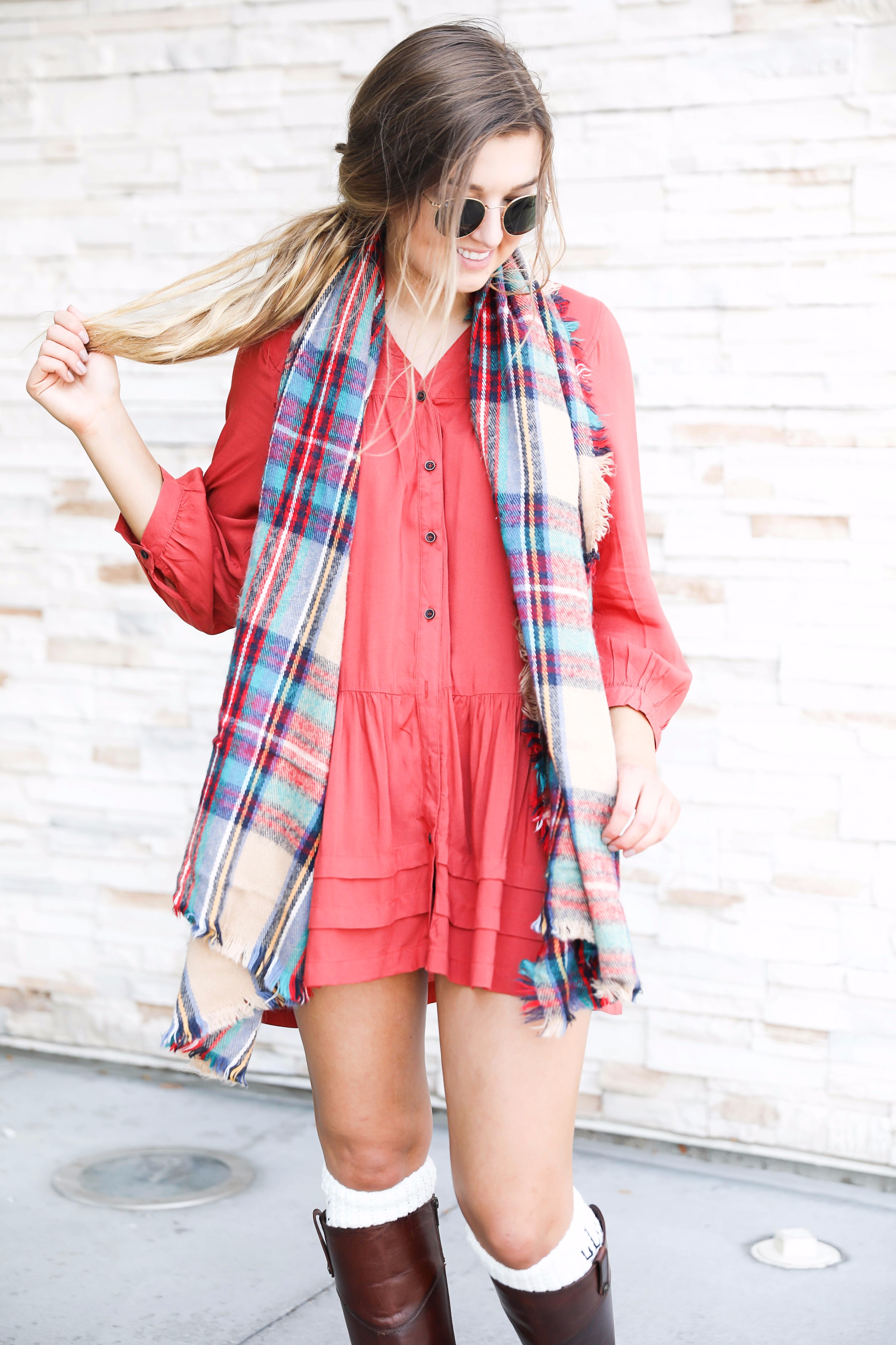 Coral button up dress for fall! I love a classic fall outfit like this, dresses with blanket scarves are so cute! I love the monogram boot socks to finish off the look with Frye boots! Find the details on fall fashion blog daily dose of charm bby lauren lindmark