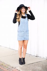 overall dress with white shirt