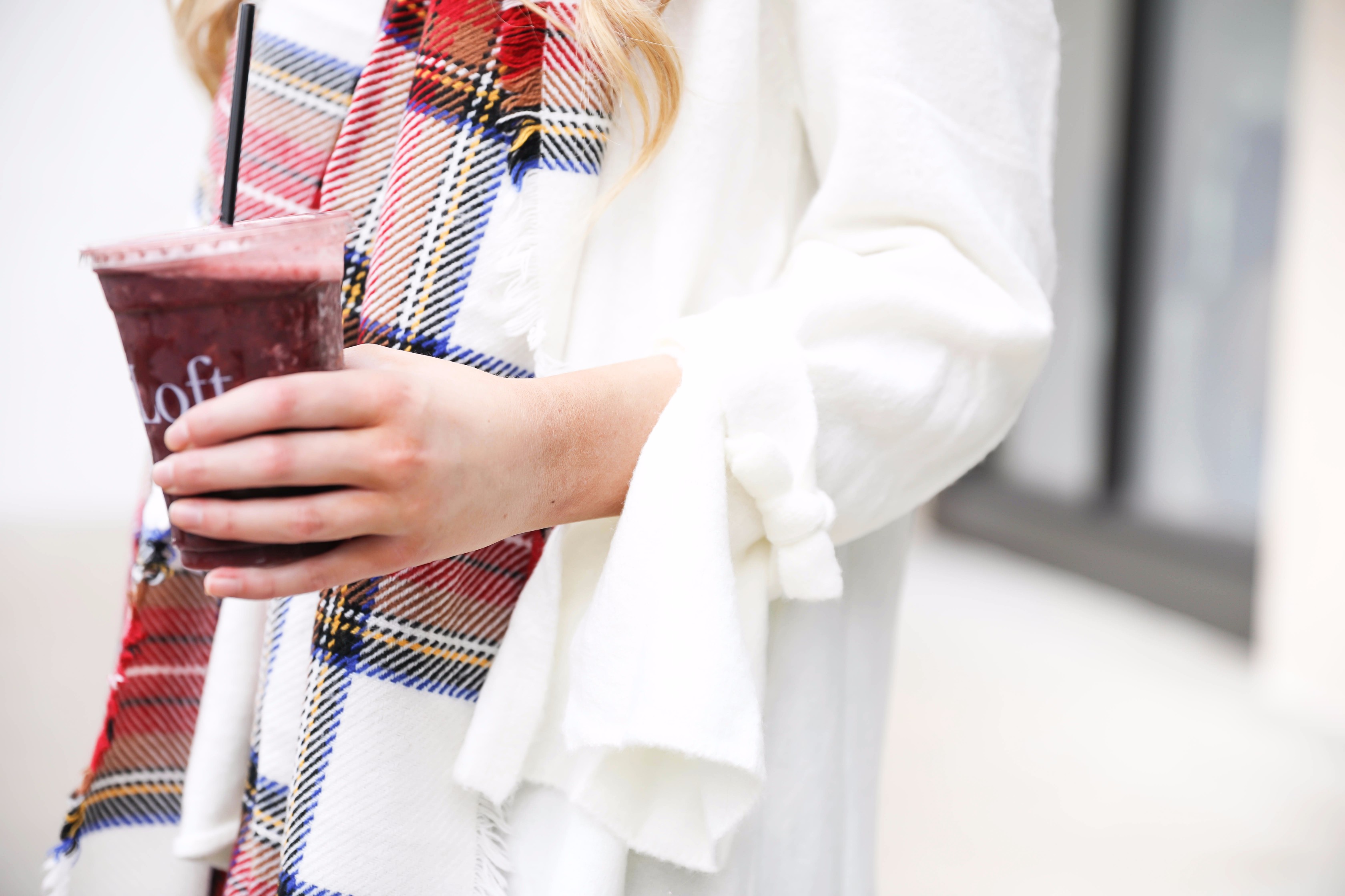 Tied bow sleeve sweater with a plaid blanket scarf! I love blanket scarves for fall. This outfit is perfect with dark jeans and booties! Details on fashion blog daily dose of charm by lauren lindmark