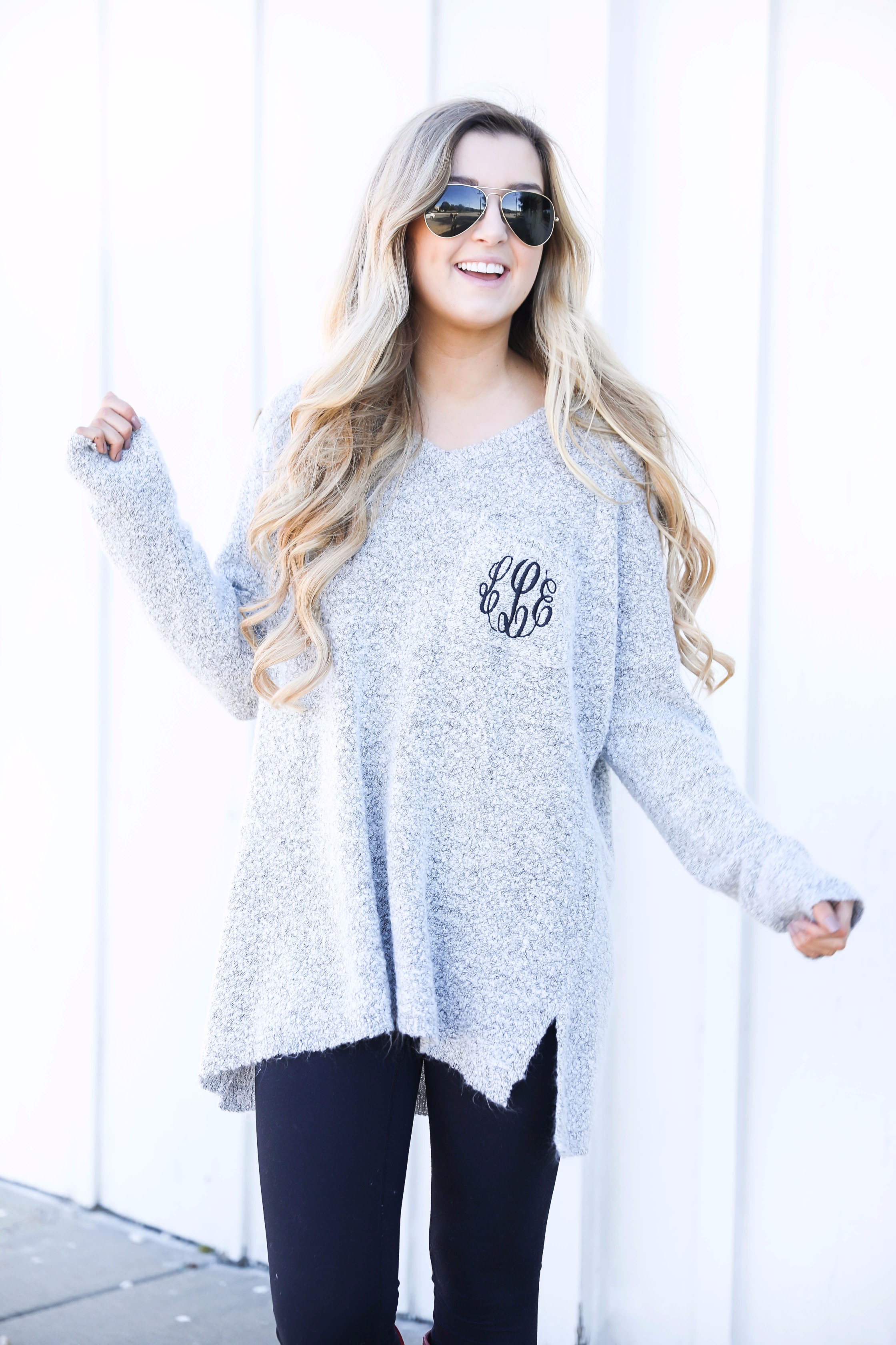 How to tie blanket scarves! This cute Marley Lilly Monogrammed Boyfriend Sweater and ilymix scarf make for the cutest fall outfit! Find all the details on fashion blog daily dose of charm by Lauren Lindmark