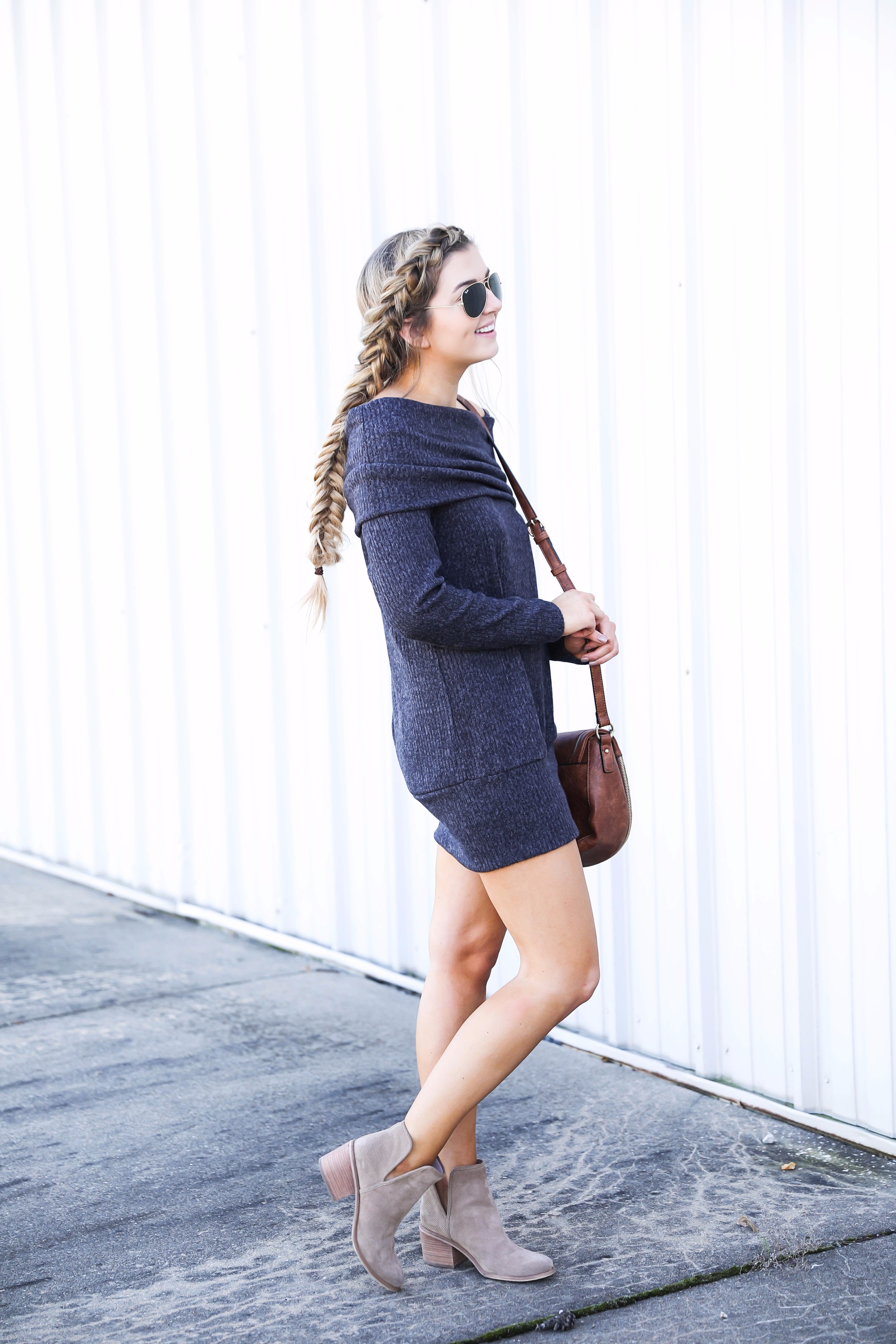 Off the shoulder sweater dress from BooHoo! Seriously the softest sweater ever! Get the details on fashion blog daily dose of charm by lauren lindmark