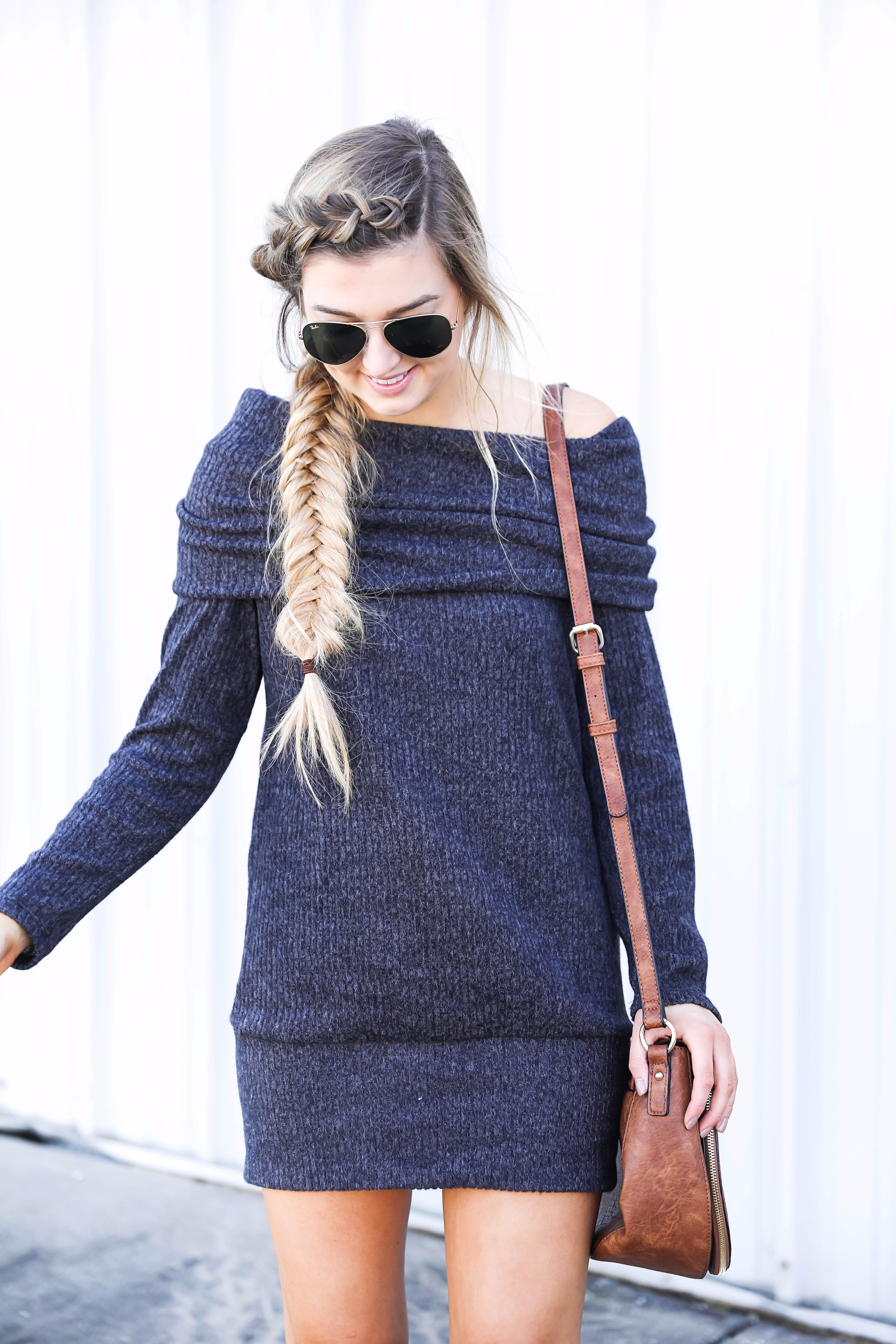 Off the shoulder sweater dress from BooHoo! Seriously the softest sweater ever! Get the details on fashion blog daily dose of charm by lauren lindmark