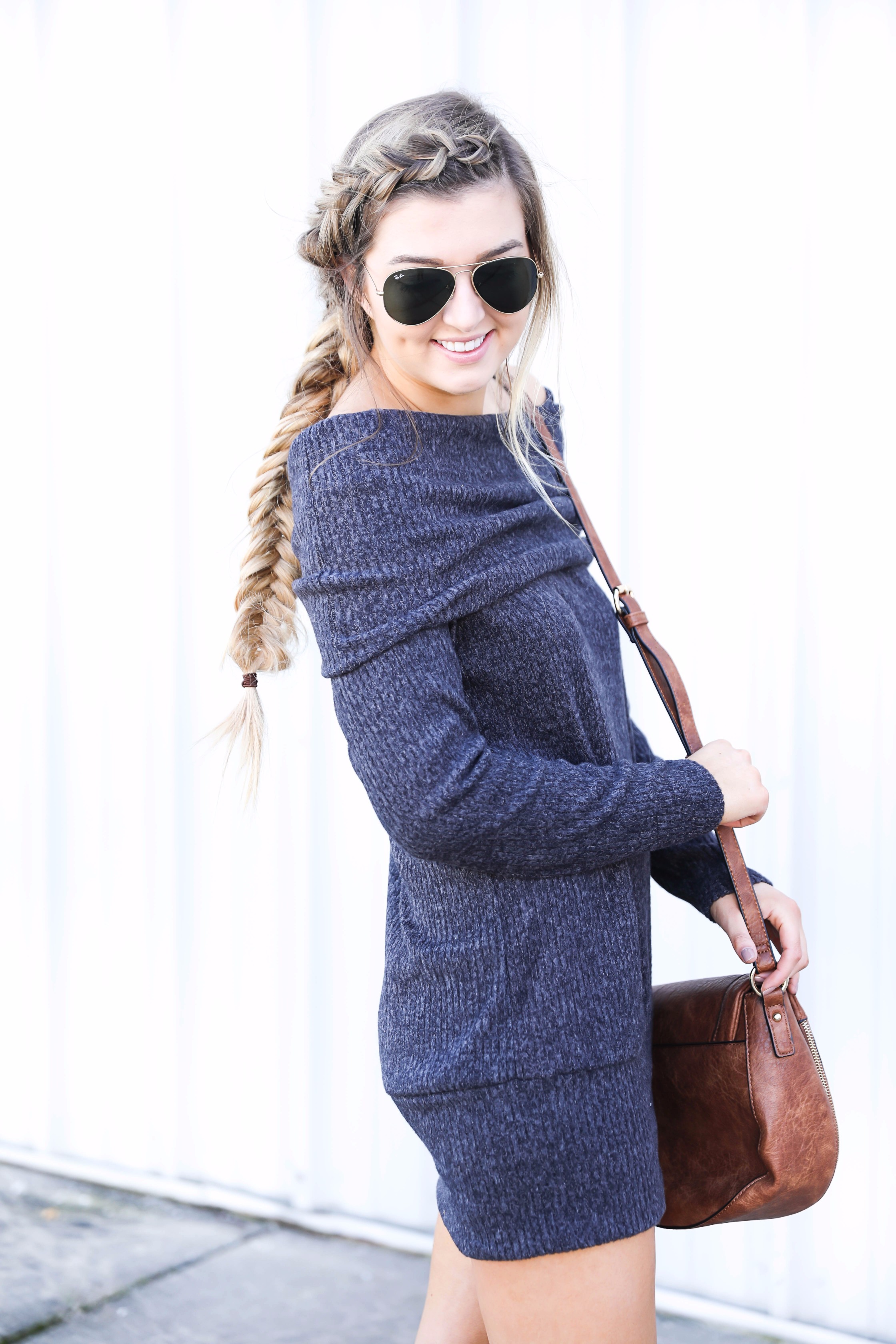 Off the shoulder sweater dress from BooHoo! Seriously the softest sweater ever! Get the details on fashion blog daily dose of charm by lauren lindmark