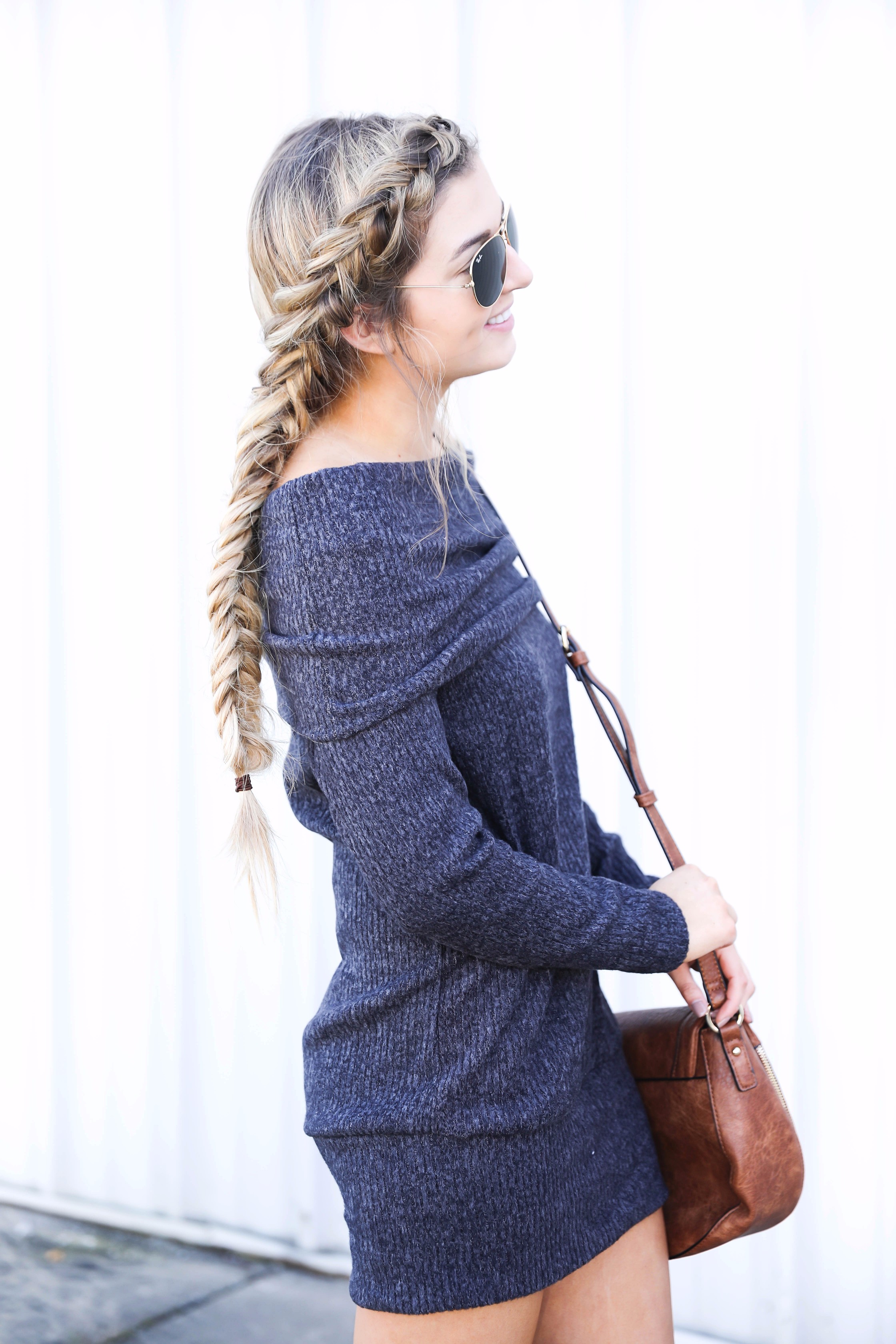 Off the shoulder sweater dress from BooHoo! Seriously the softest sweater ever! Get the details on fashion blog daily dose of charm by lauren lindmark